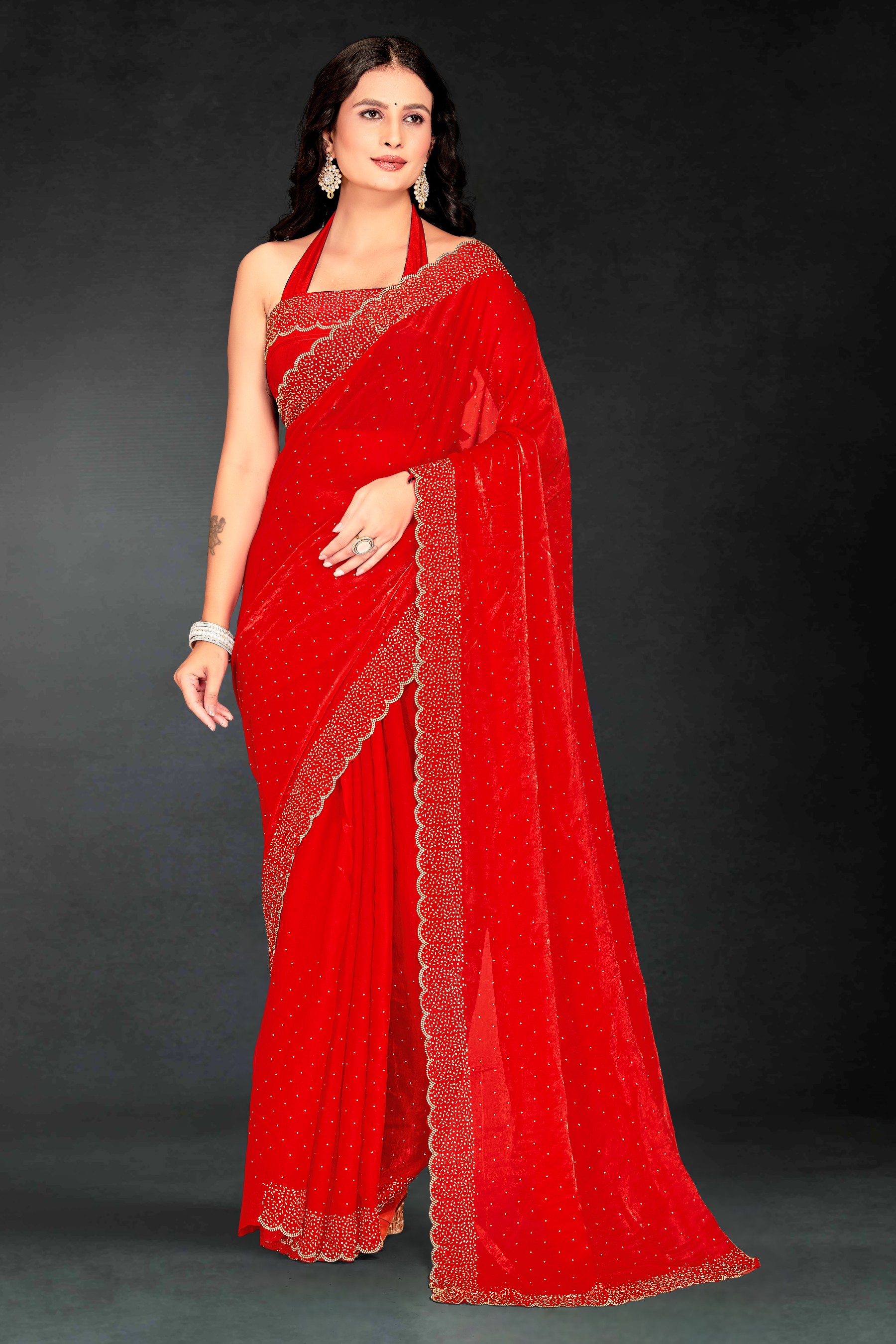 Red Fendy Silk Two Tone Cutdana Bridal Style Saree