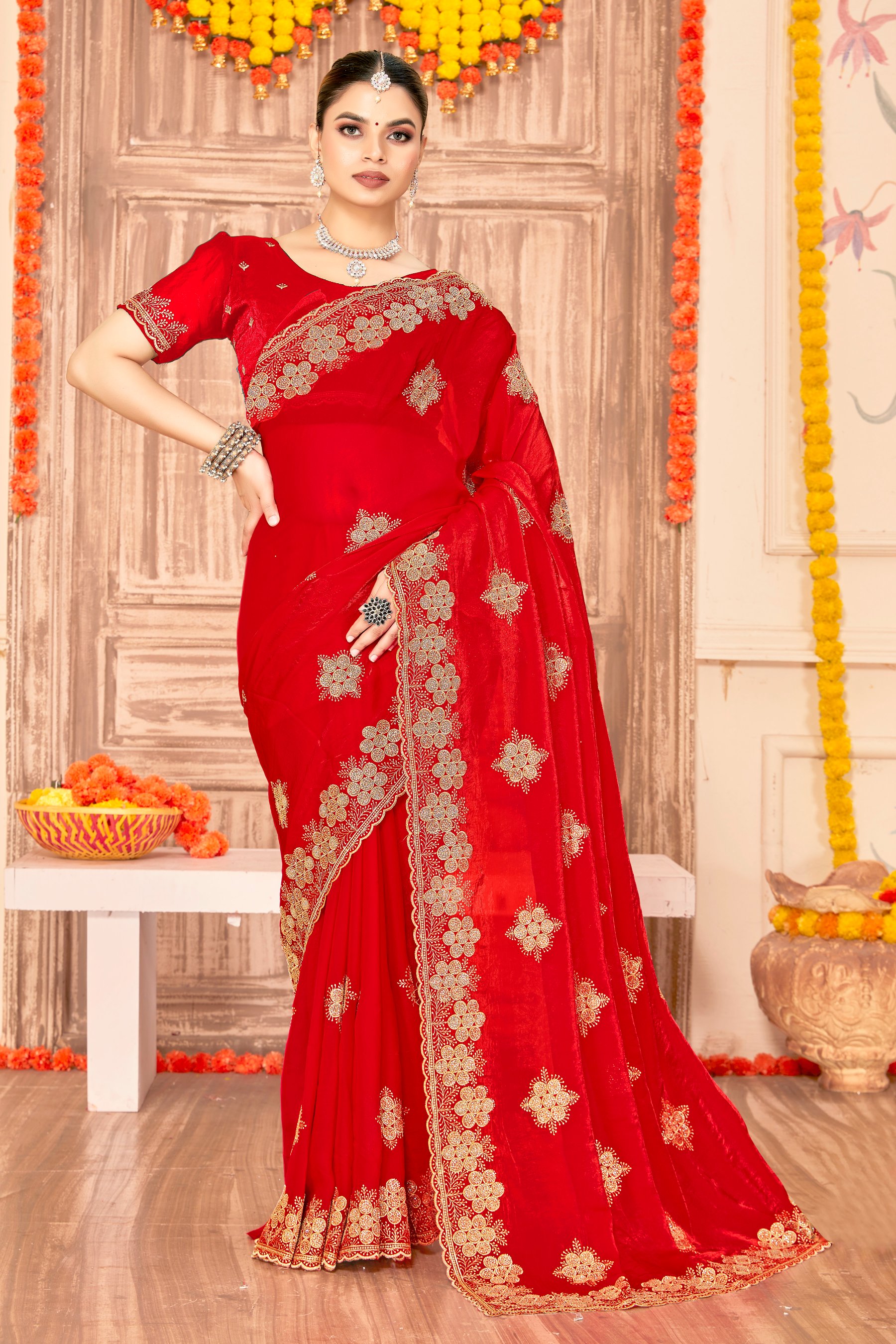 Red Fendy Silk Zari Siroski Saree
