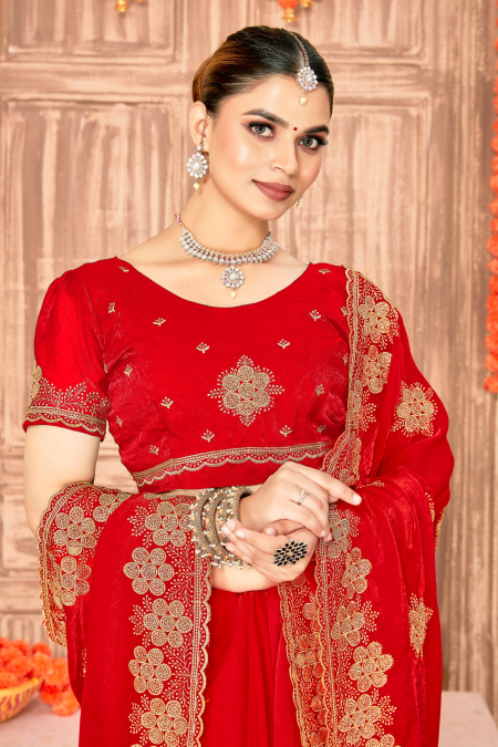 Red Fendy Silk Zari Siroski Saree