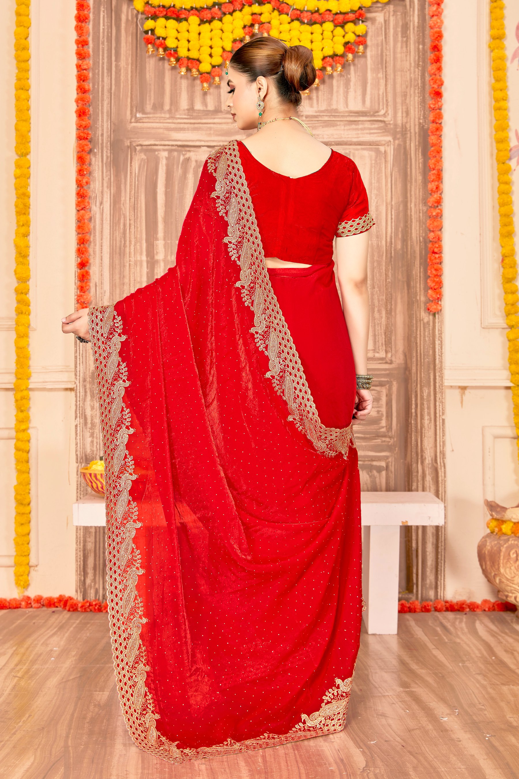 Red Fendy Silk Zari Siroski Saree — alternate view