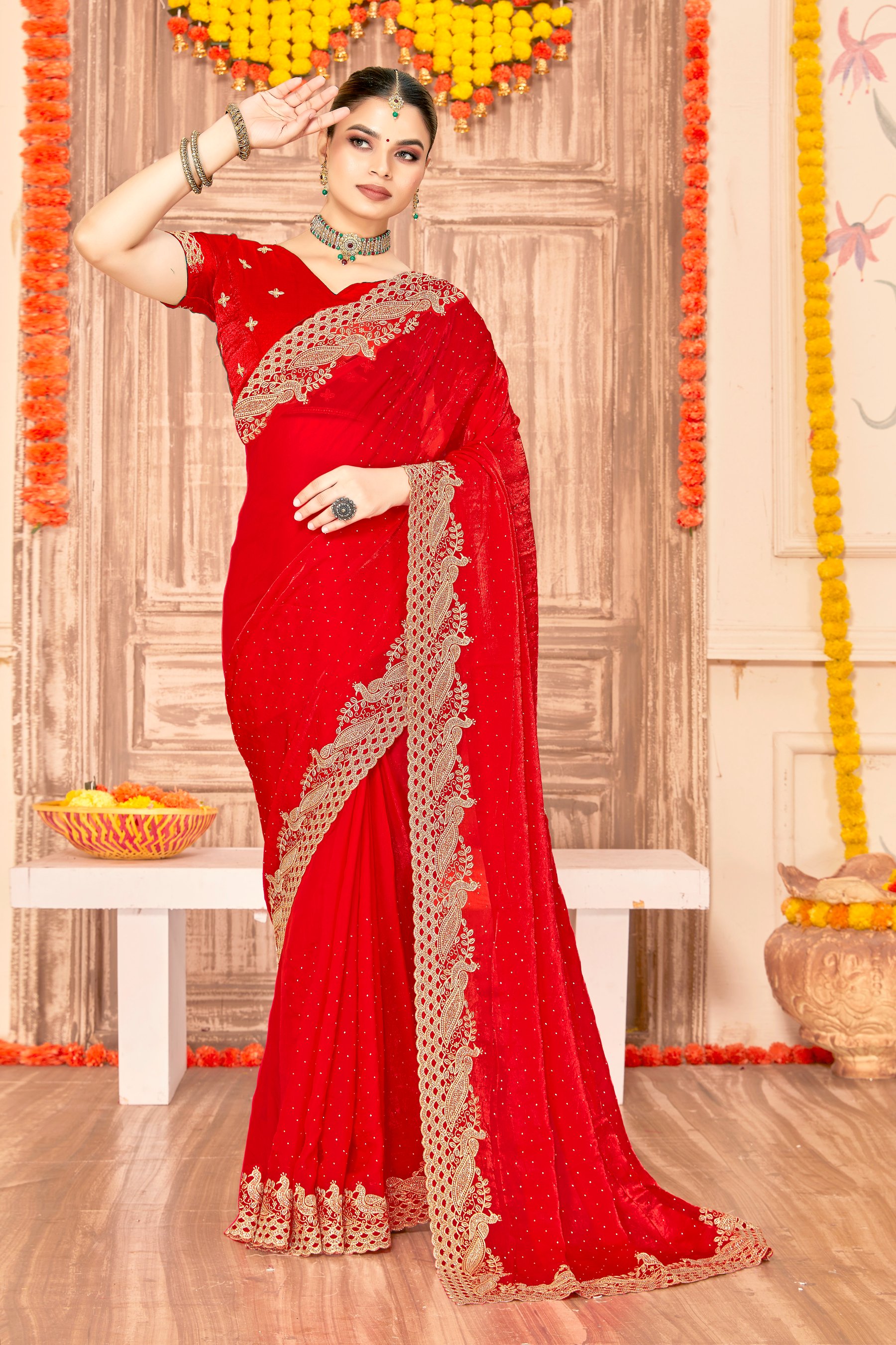 Red Fendy Silk Zari Siroski Saree