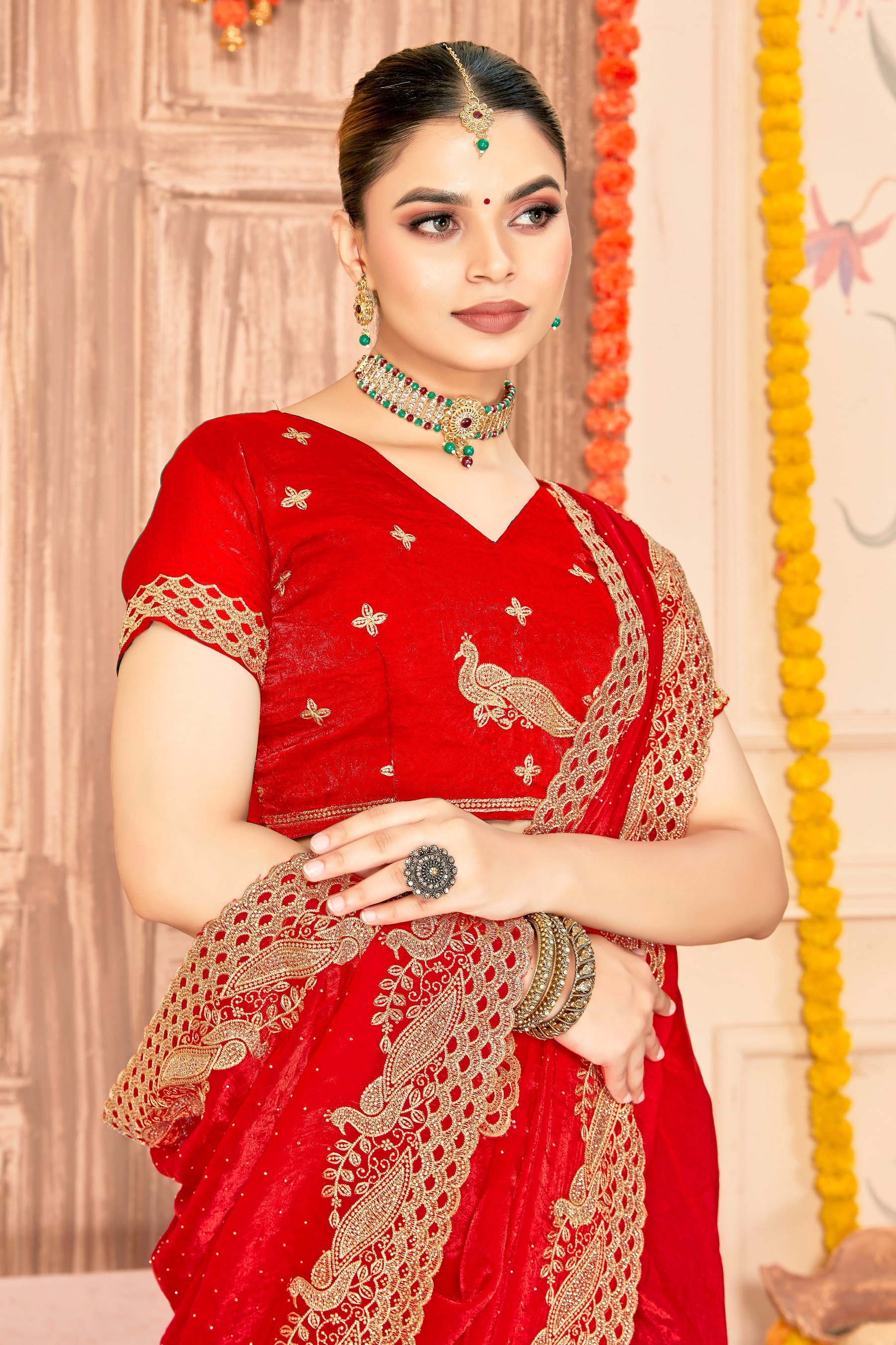 Red Fendy Silk Zari Siroski Saree