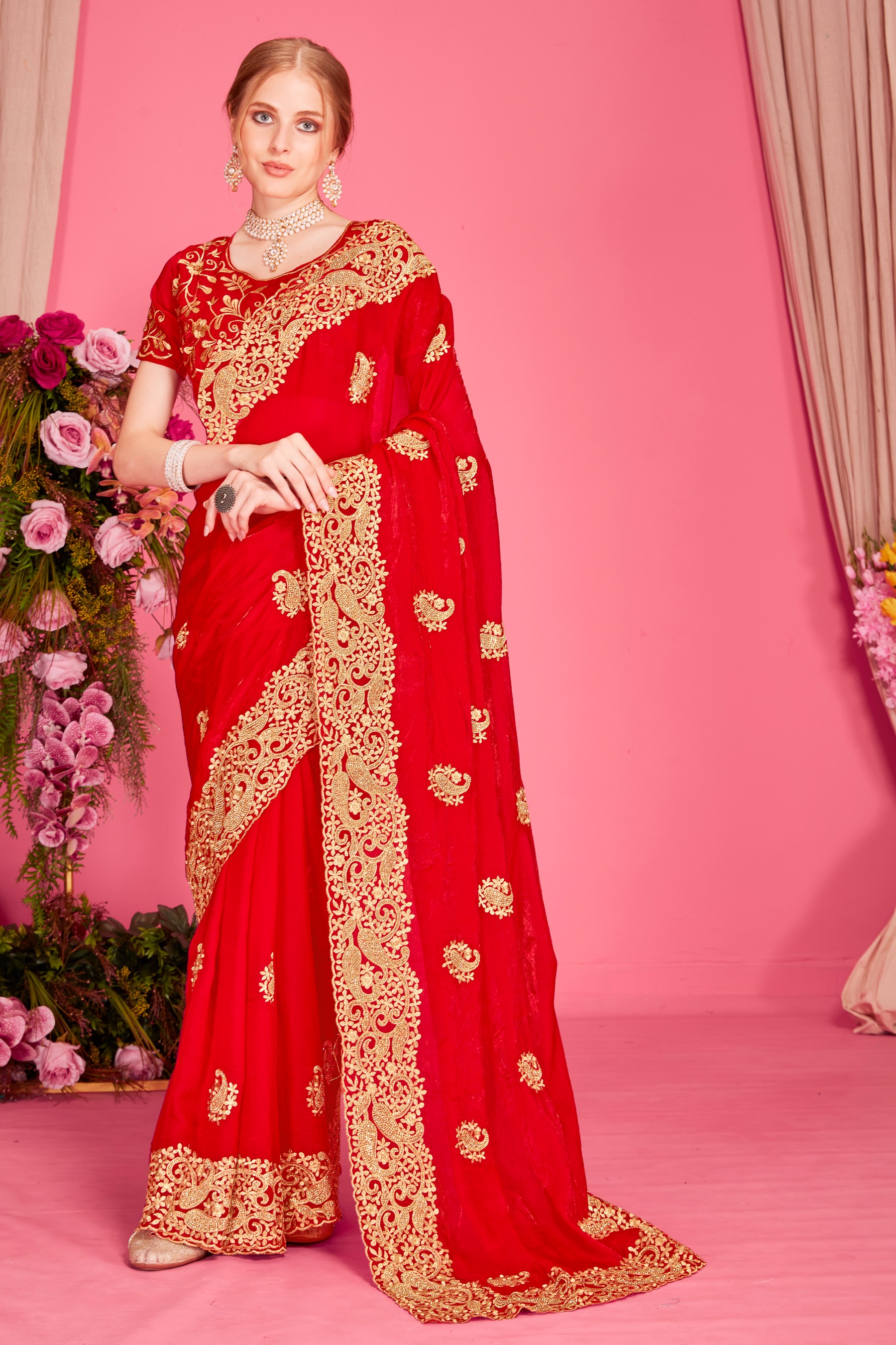 Red Fendy Two Tone Silk Heavy Zari Embroidery Zircon Work Festive Wear Saree