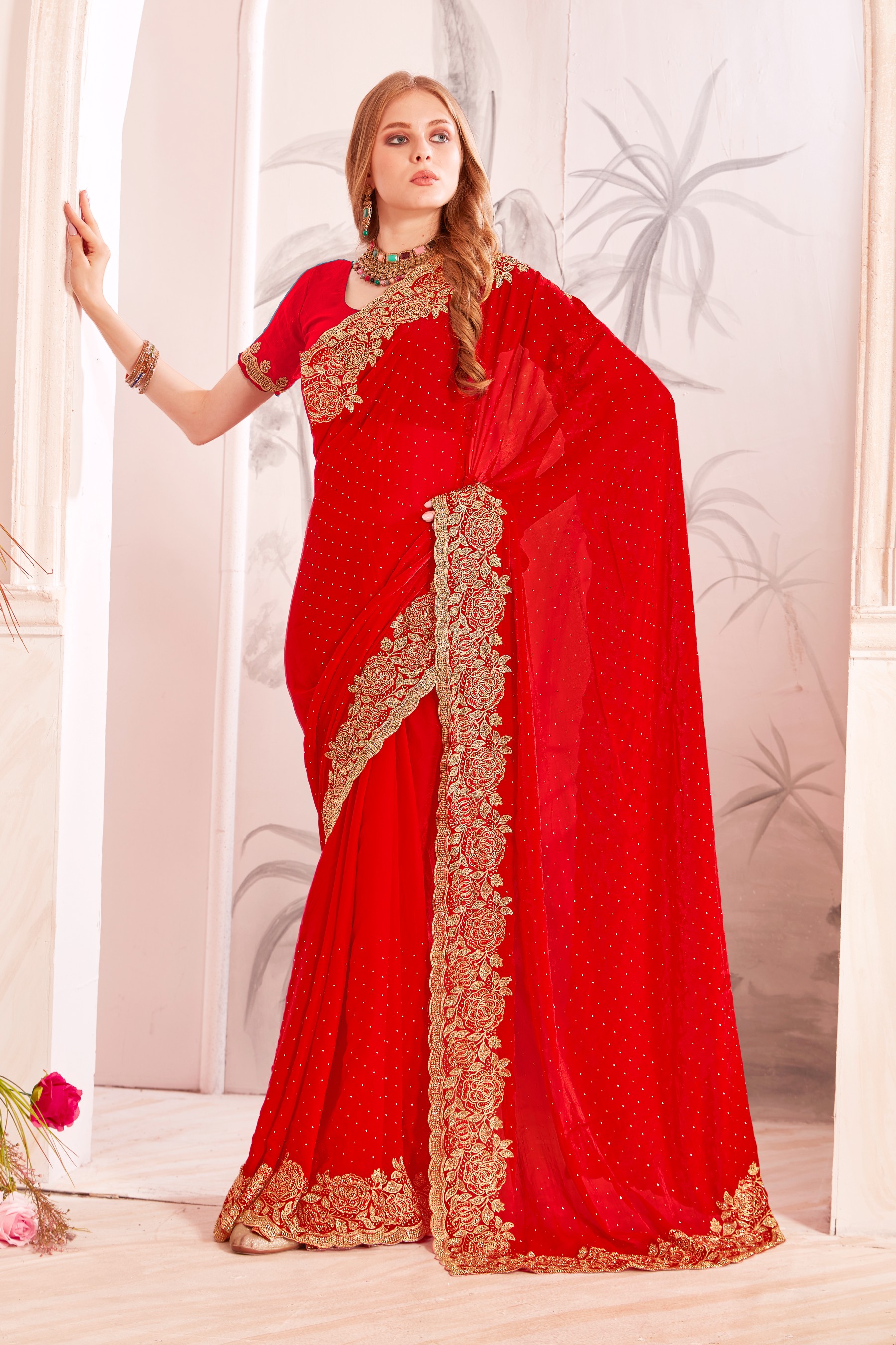 Red Fendy Two Tone Silk Heavy Zari Resham Embroidery Zircon Work Festive Saree