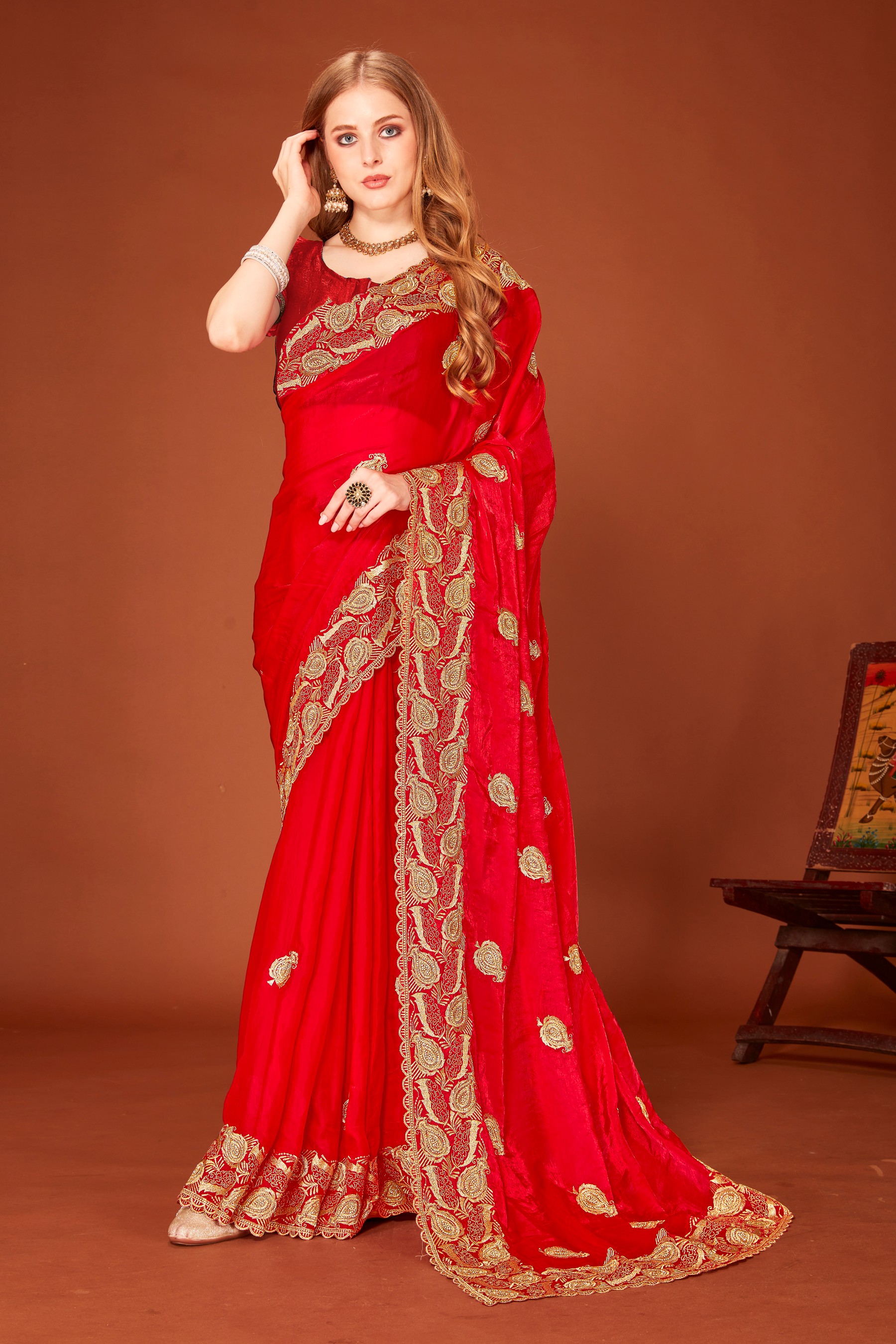 Red Fendy Two Tone Silk Zari Embroidered Saree with Zircon Work