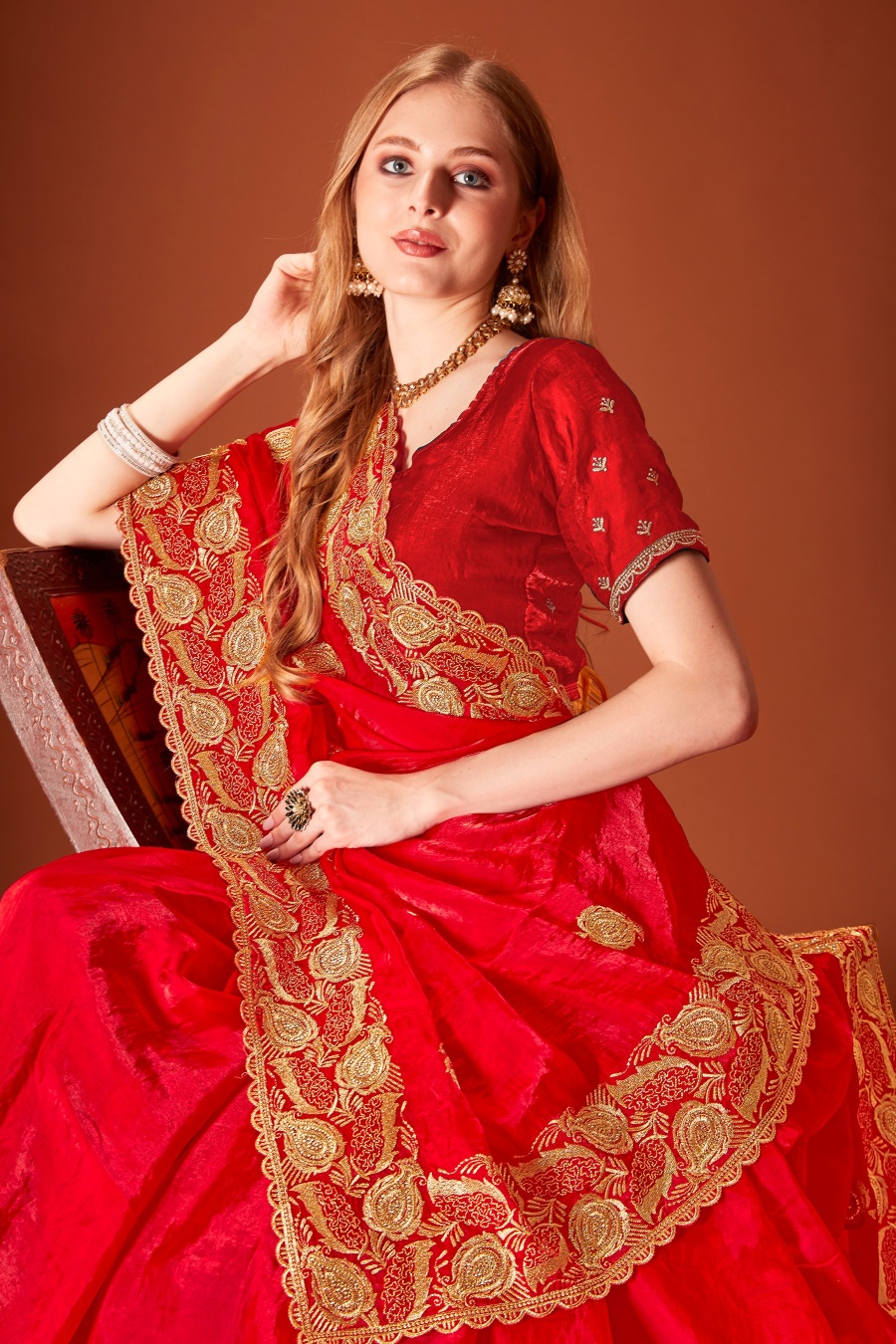 Red Fendy Two Tone Silk Zari Embroidered Saree with Zircon Work — alternate view