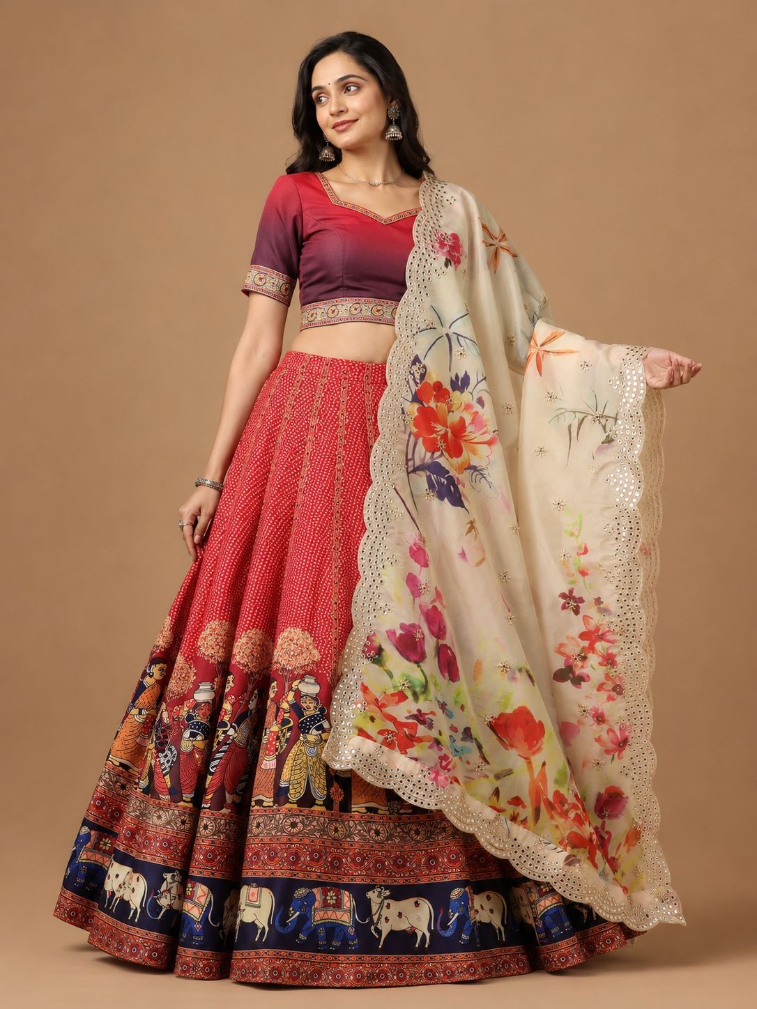 Red Figurative Designer Printed Satin Silk Lehenga Choli