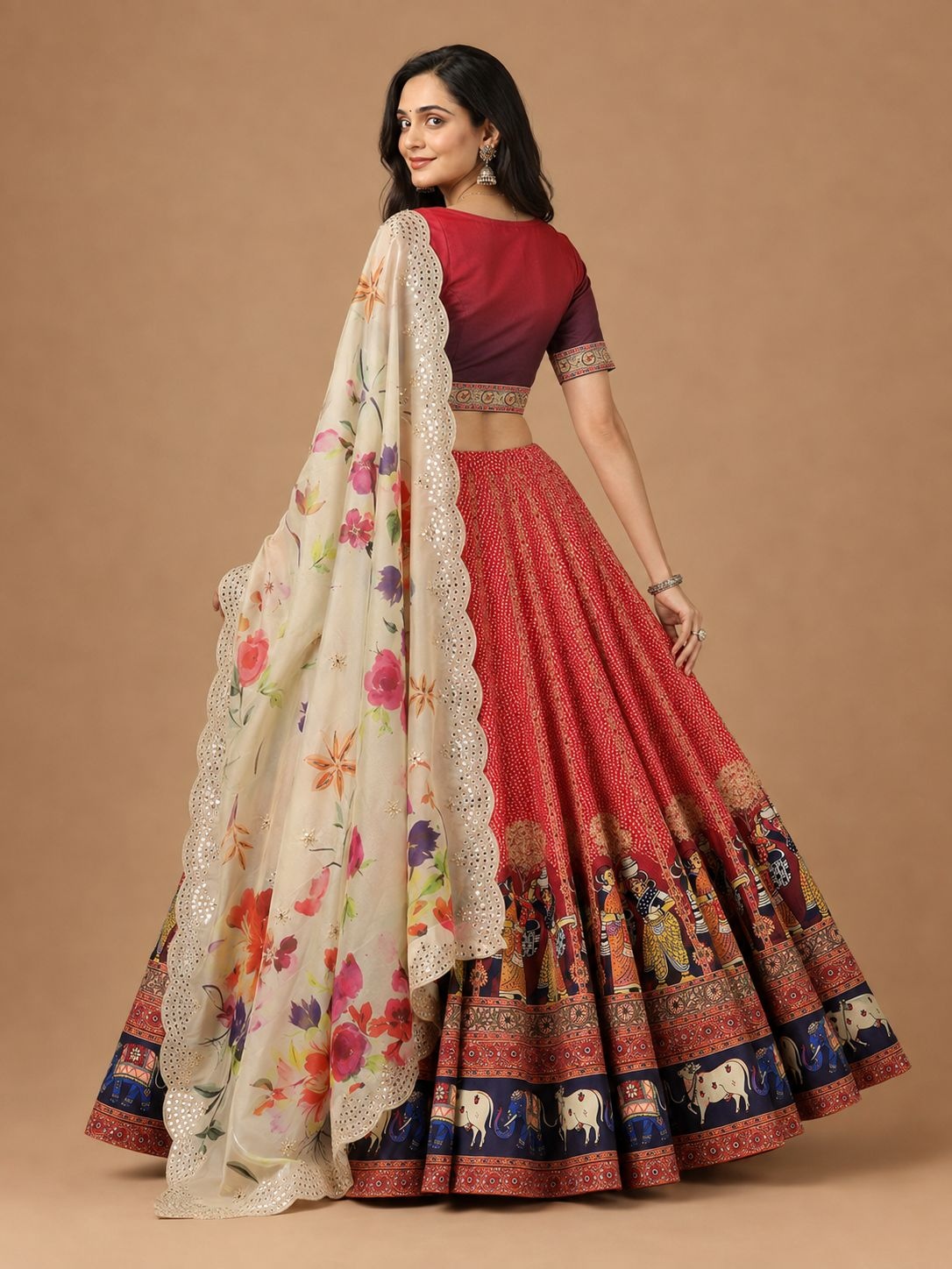 Red Figurative Designer Printed Satin Silk Lehenga Choli — alternate view