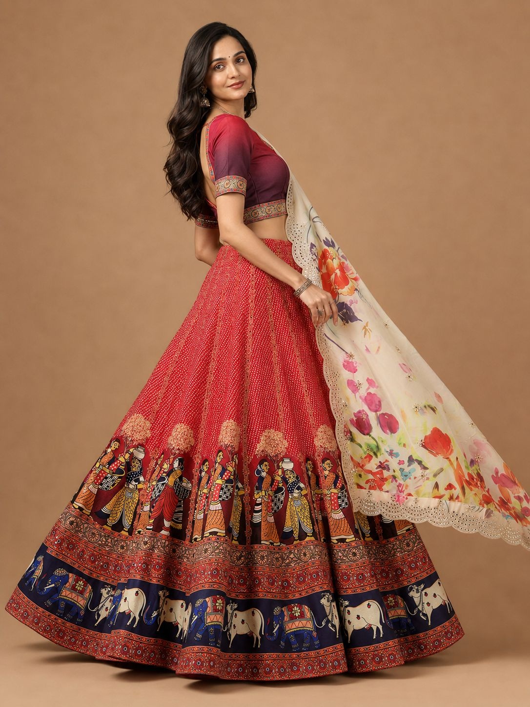 Red Figurative Designer Printed Satin Silk Lehenga Choli