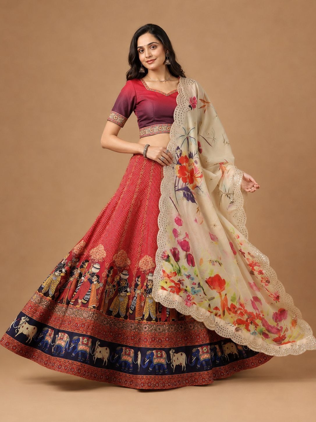 Red Figurative Designer Printed Satin Silk Lehenga Choli