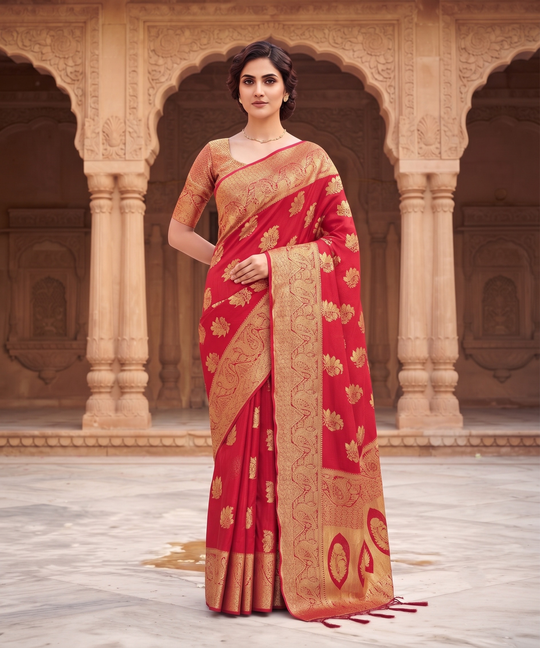 Red Floral Buti Zari Woven Fendy Satin Saree