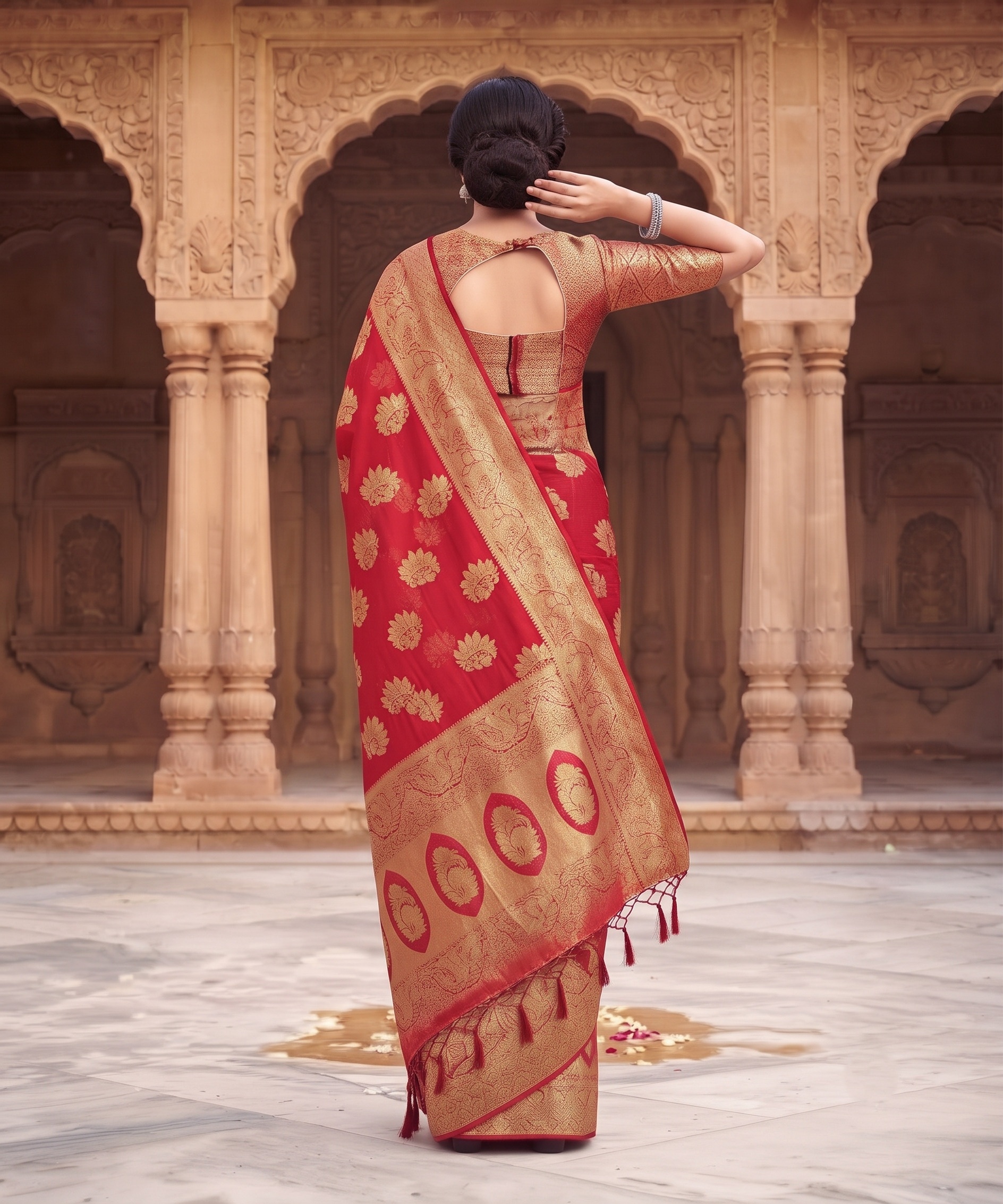 Red Floral Buti Zari Woven Fendy Satin Saree