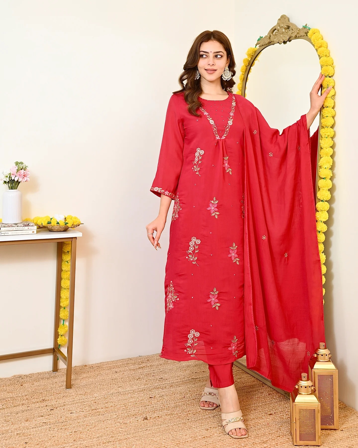 Red Floral Designer Embroidery Mull Chanderi Straight Suit