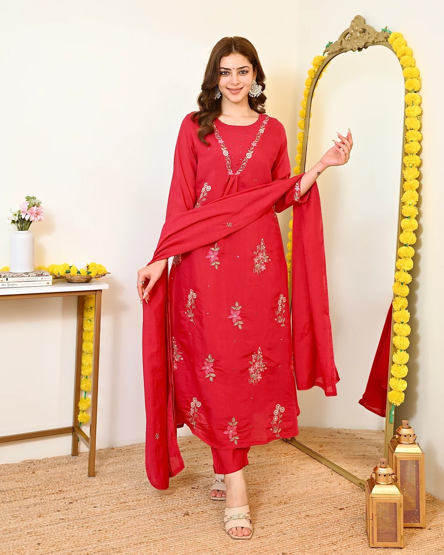 Red Floral Designer Embroidery Mull Chanderi Straight Suit — alternate view