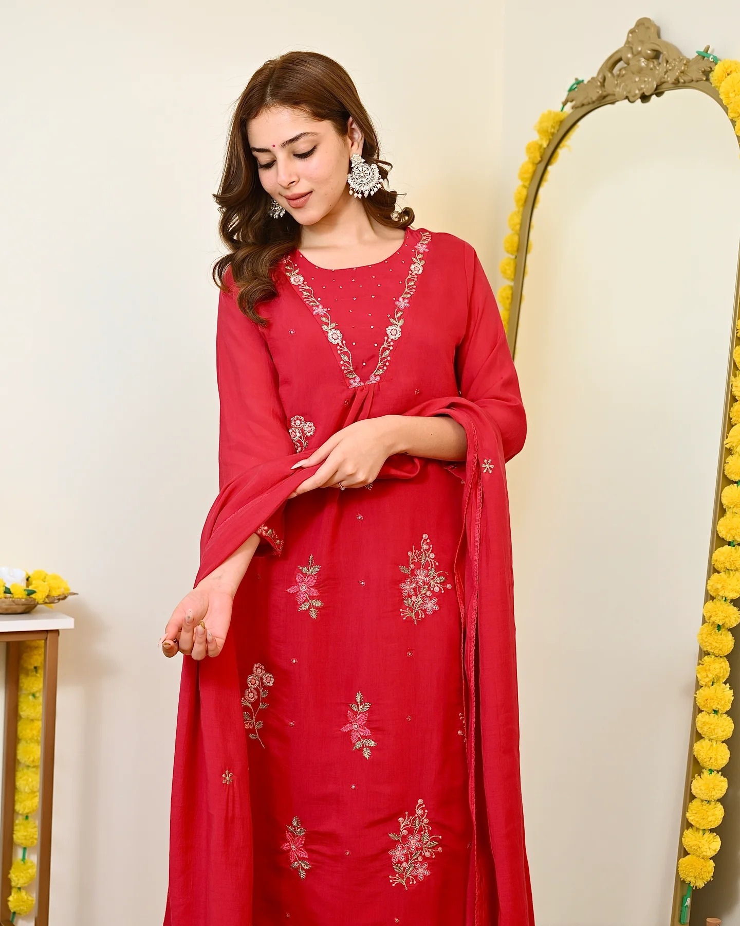 Red Floral Designer Embroidery Mull Chanderi Straight Suit