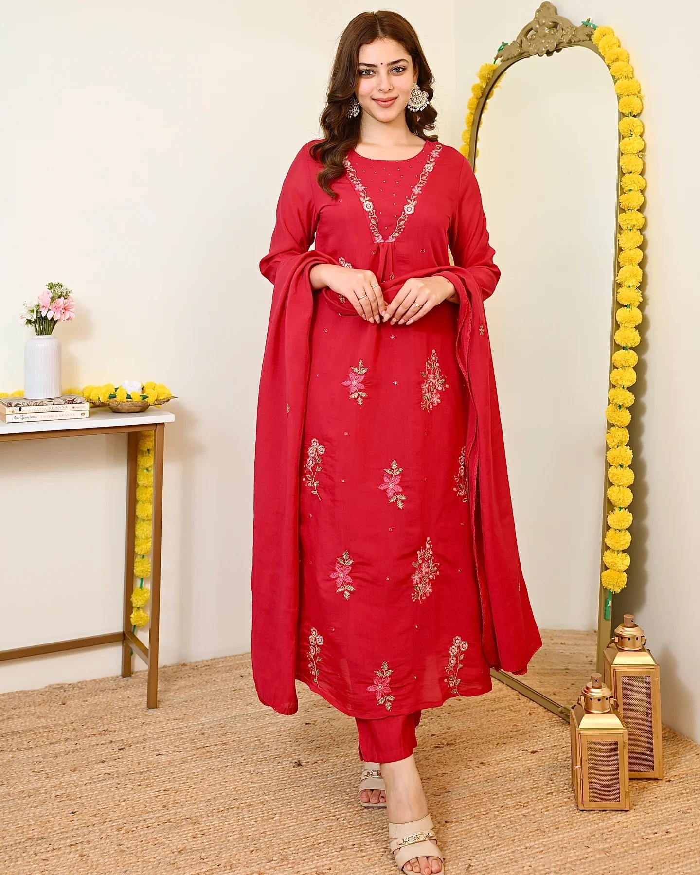 Red Floral Designer Embroidery Mull Chanderi Straight Suit