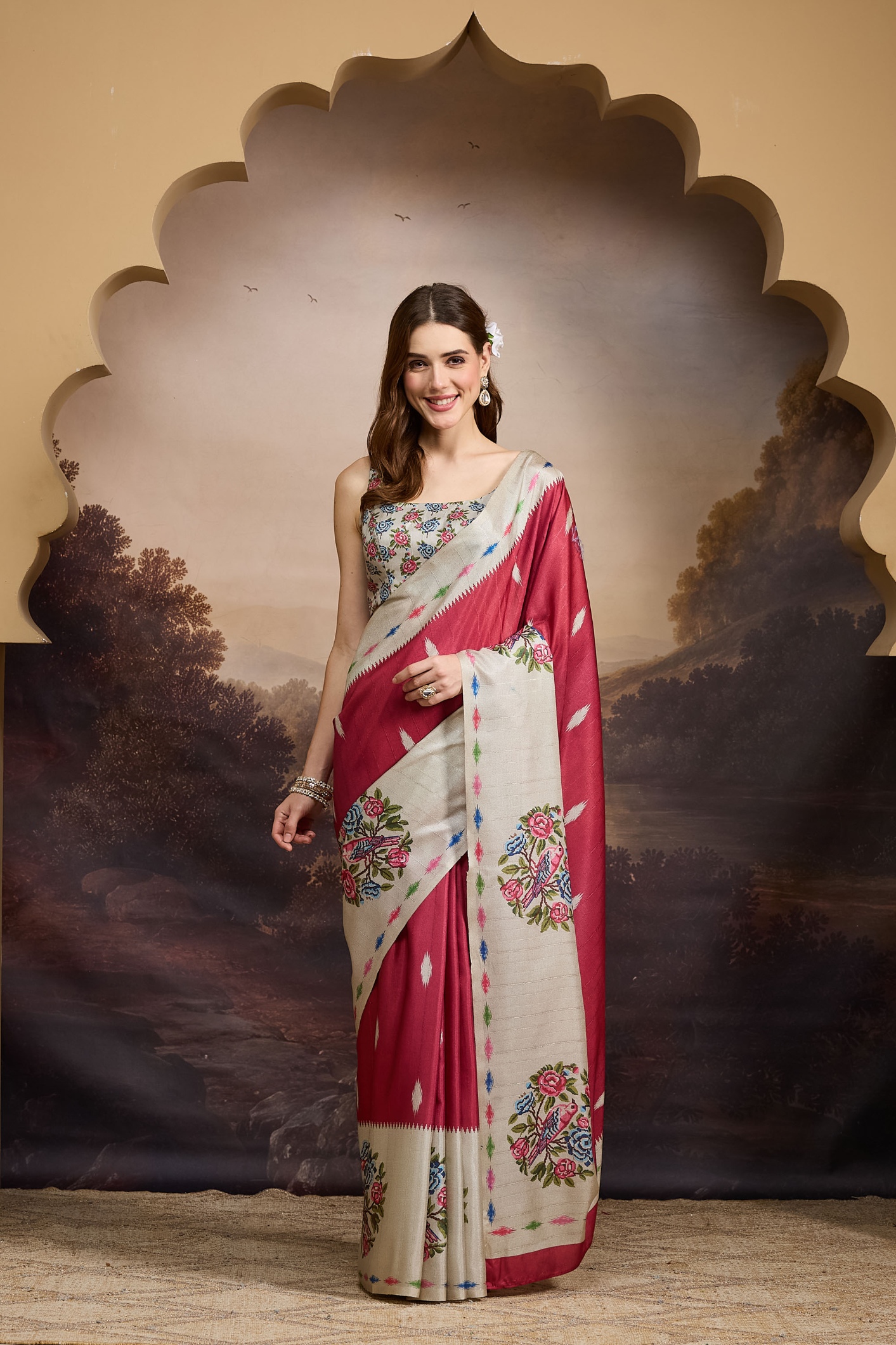 Red Floral Designer Printed Silk Blend Ready To Wear Saree