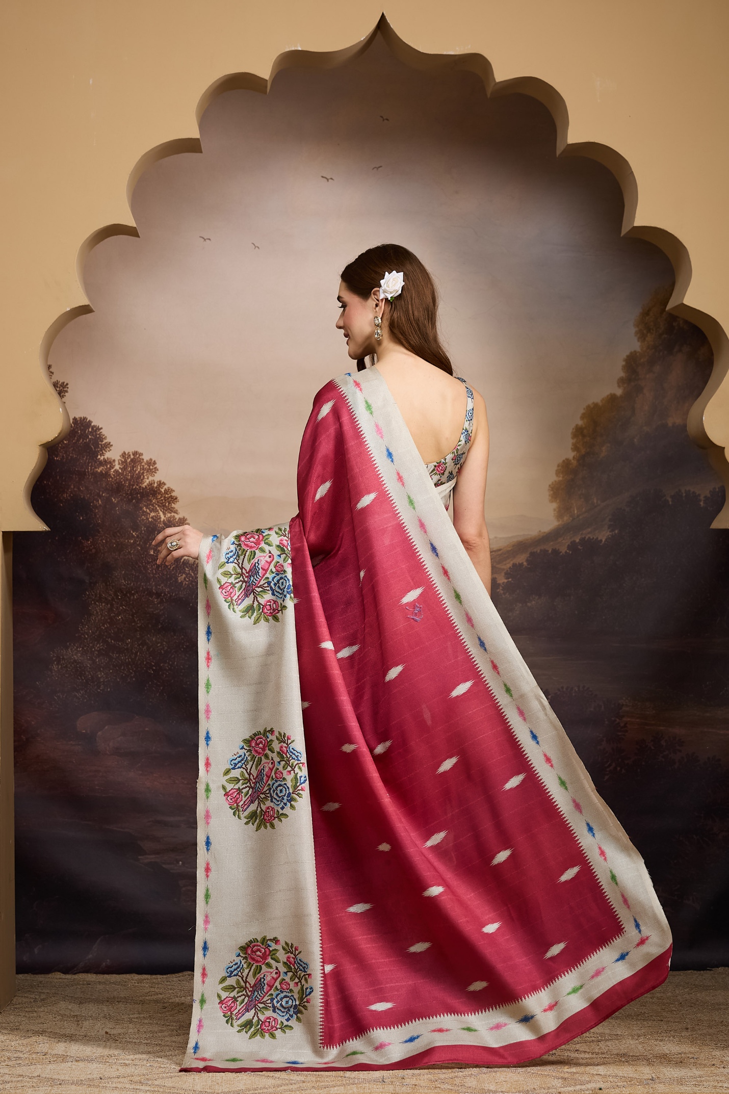 Red Floral Designer Printed Silk Blend Ready To Wear Saree — alternate view