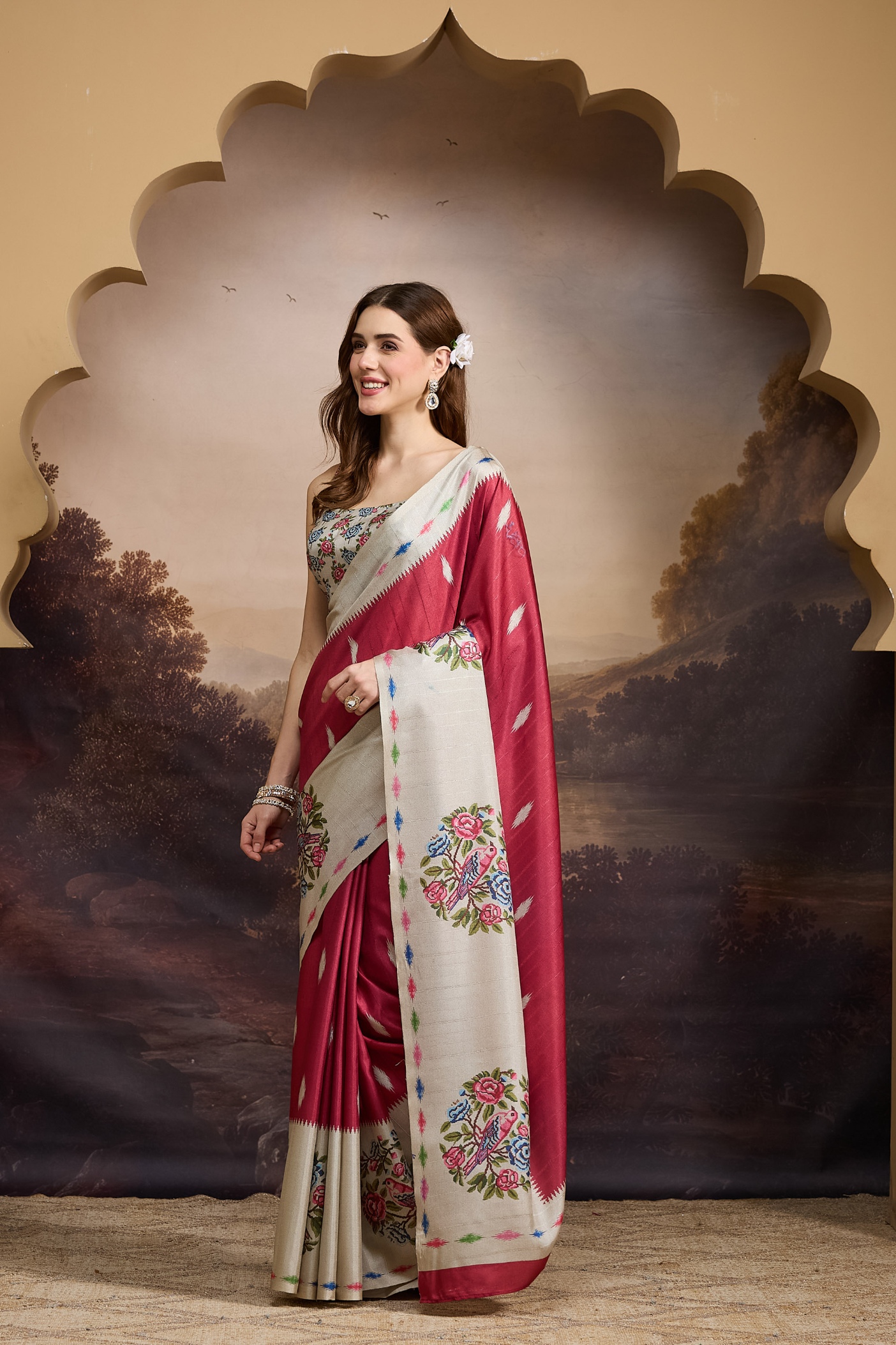 Red Floral Designer Printed Silk Blend Ready To Wear Saree