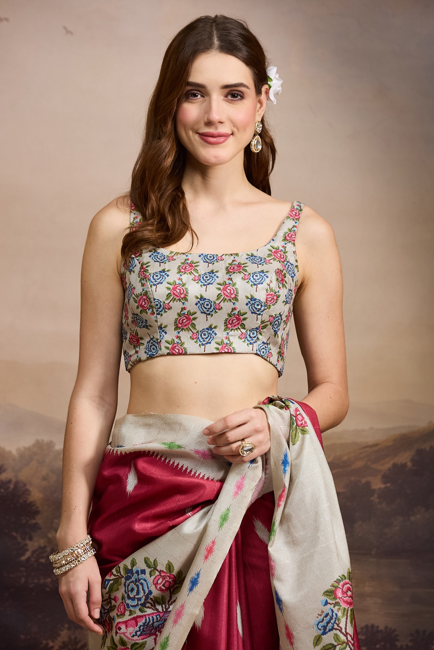 Red Floral Designer Printed Silk Blend Ready To Wear Saree