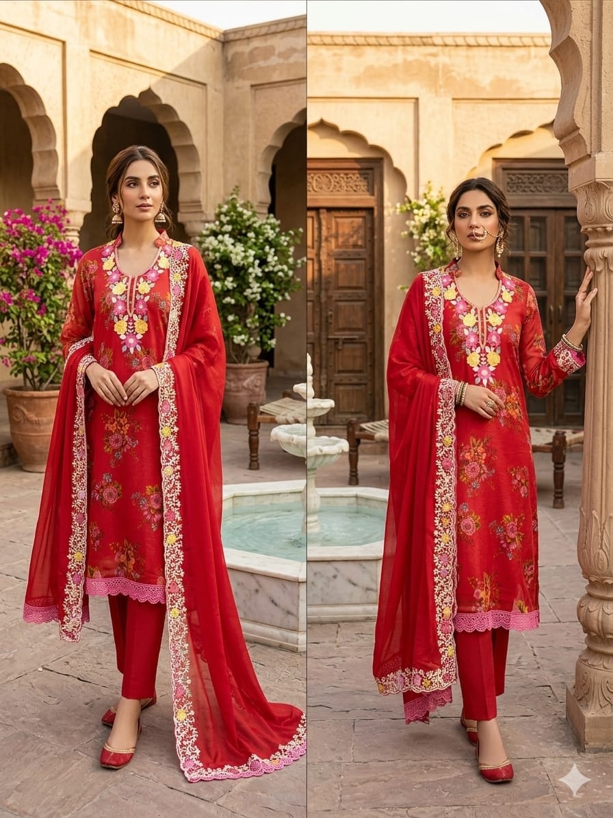 Red Floral Digital Print Embroidered Shimmer Straight Pant Suit