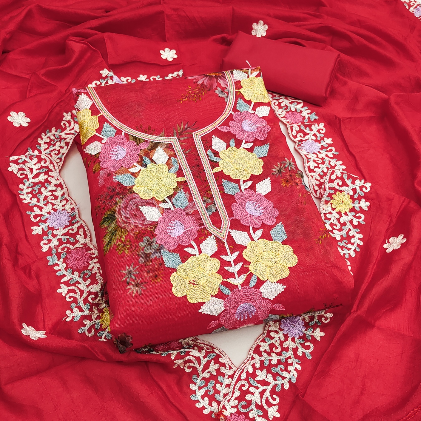 Red Floral Digital Print Embroidered Shimmer Straight Pant Suit — alternate view