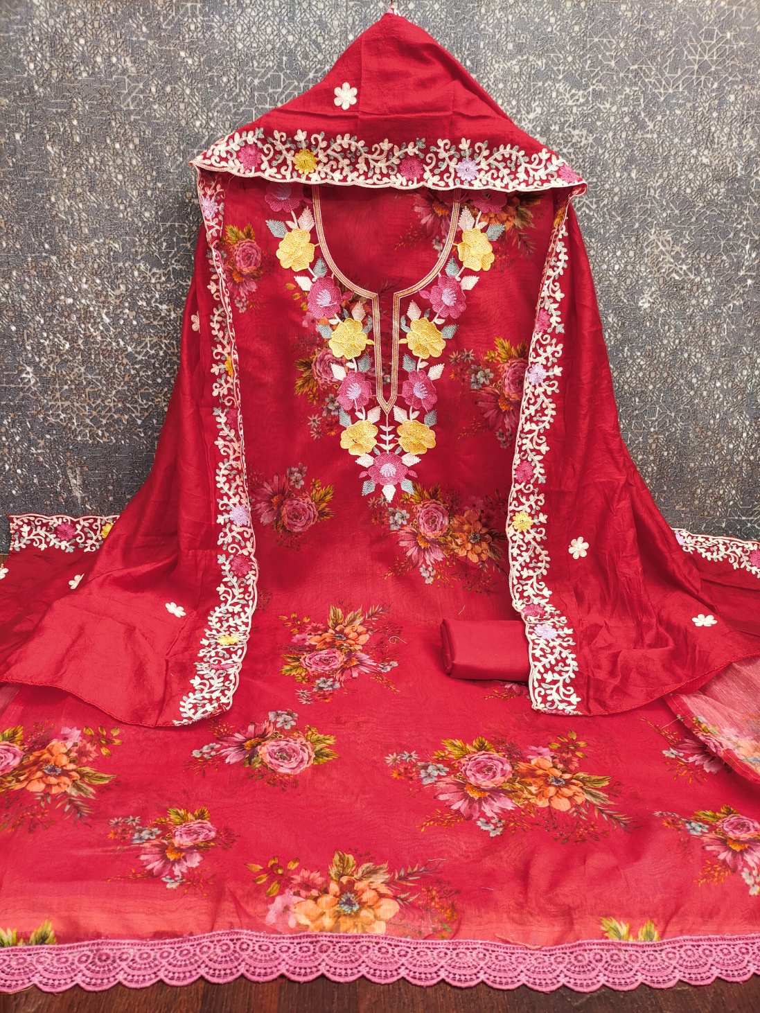 Red Floral Digital Print Embroidered Shimmer Straight Pant Suit