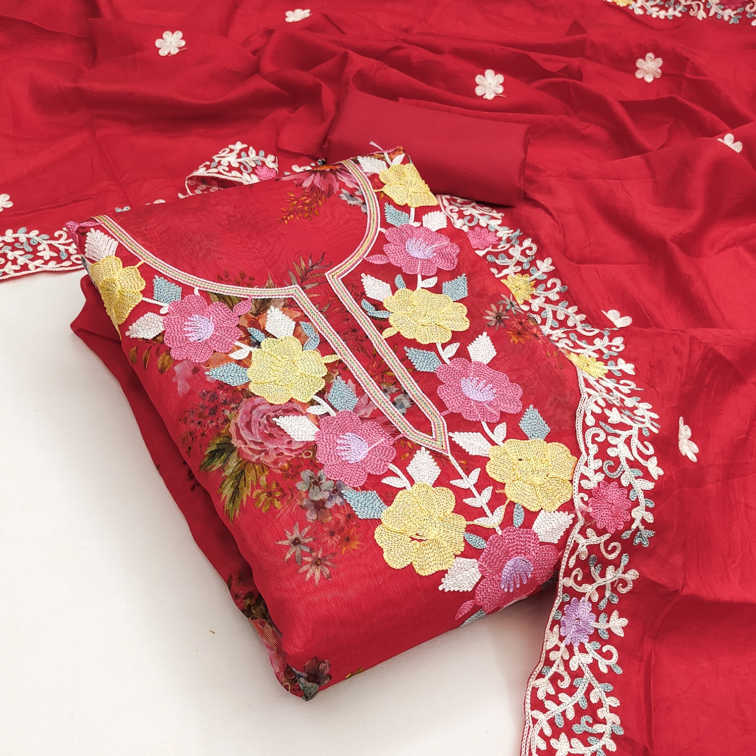 Red Floral Digital Print Embroidered Shimmer Straight Pant Suit