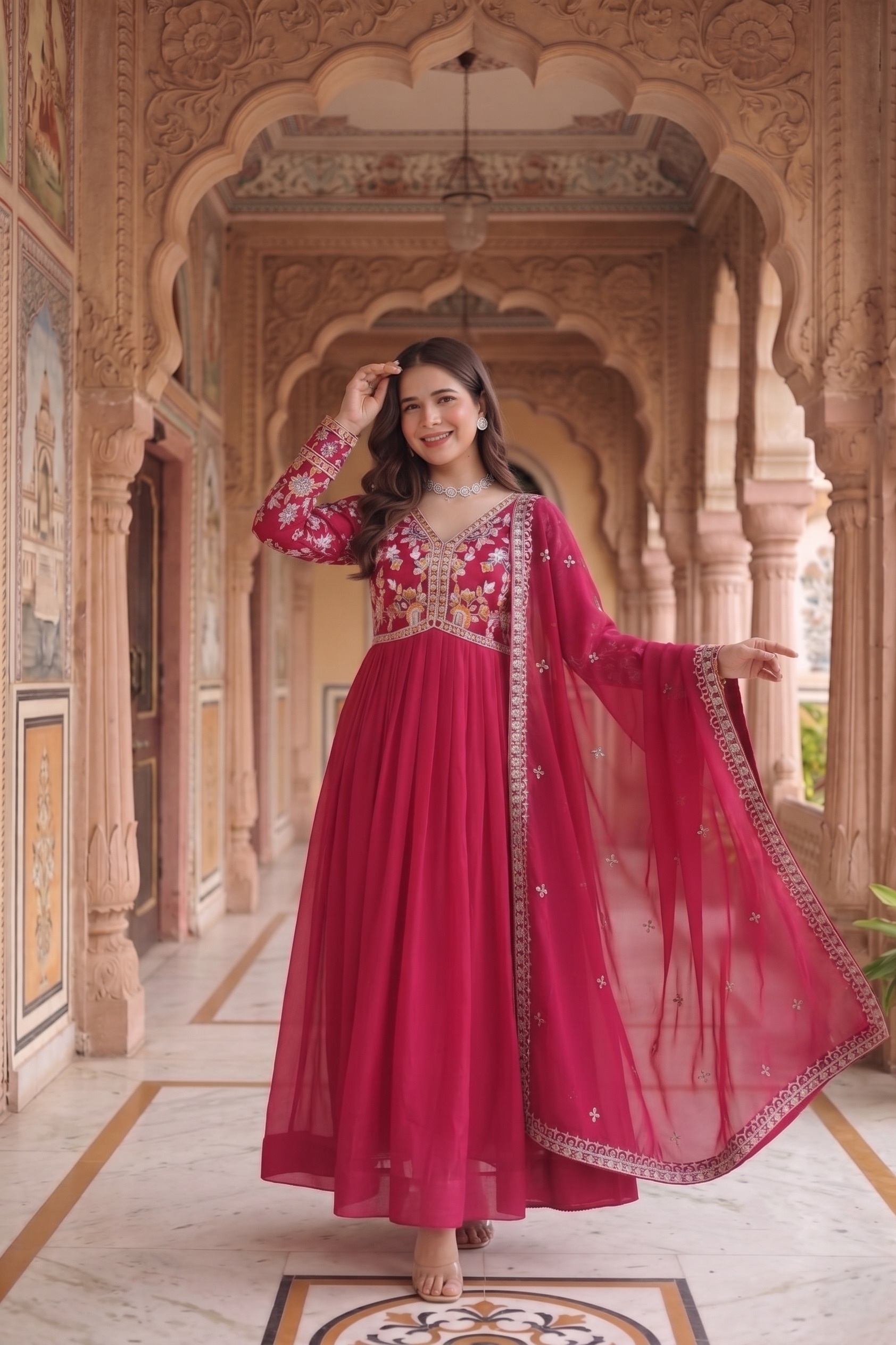 Red Floral Embroidered Georgette Anarkali Suit