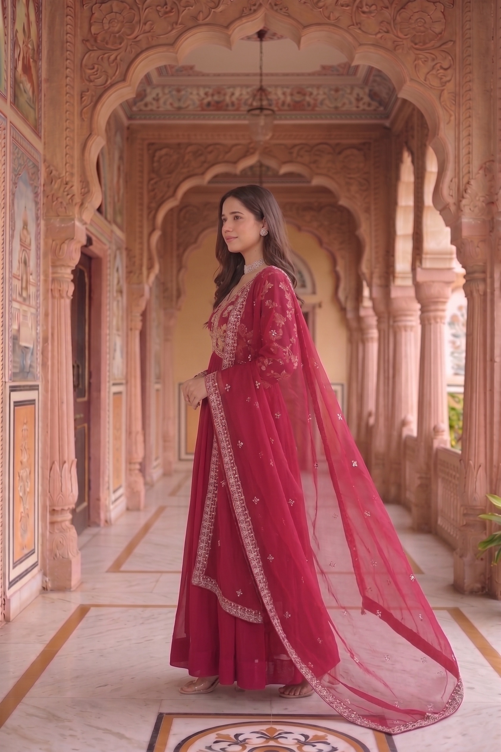Red Floral Embroidered Georgette Anarkali Suit