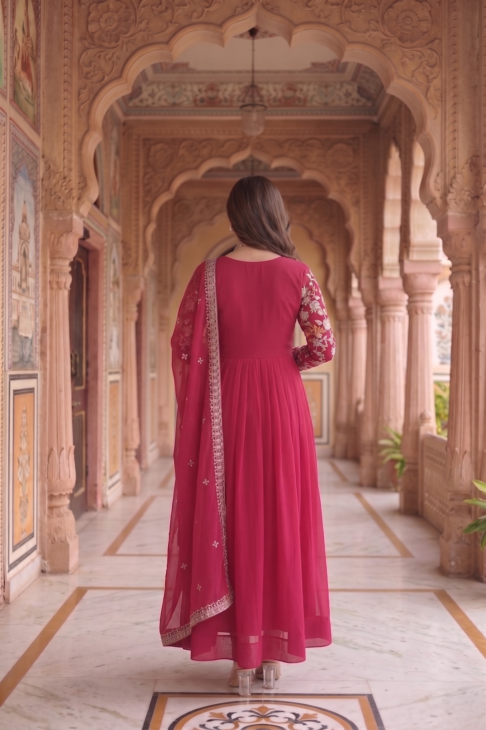 Red Floral Embroidered Georgette Anarkali Suit