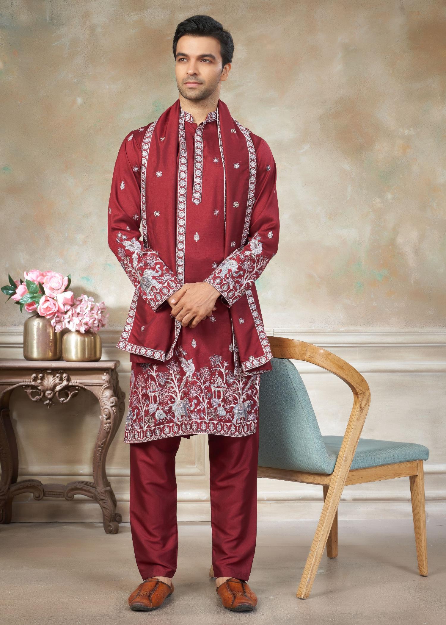 Red Floral Embroidered Silk Kurta Pyjama