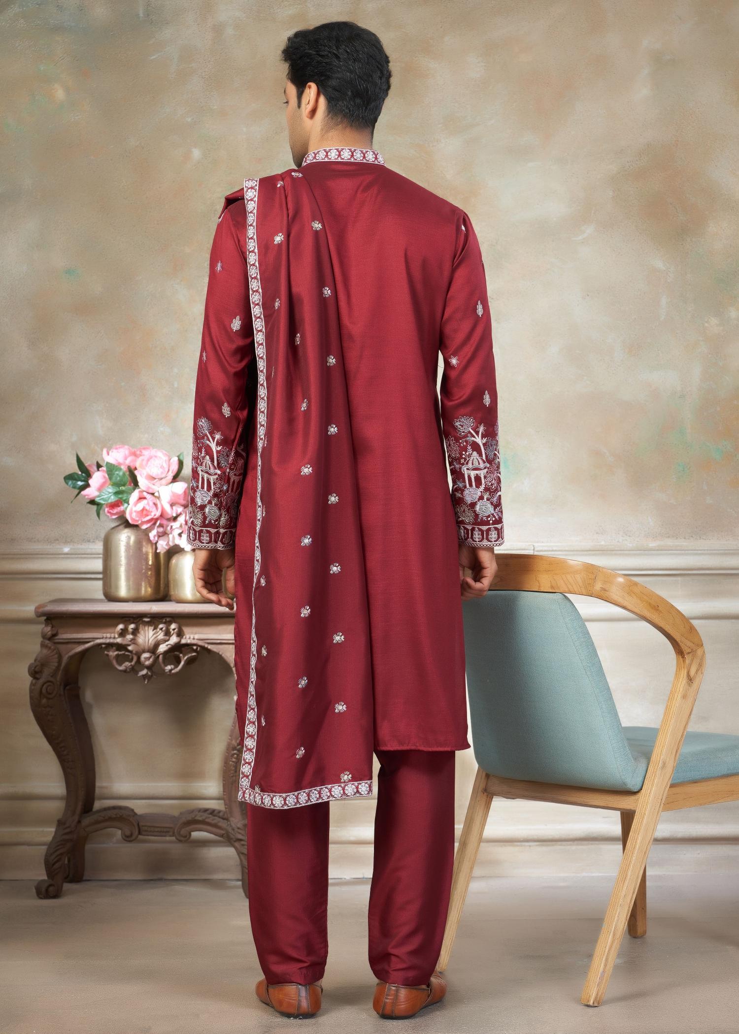Red Floral Embroidered Silk Kurta Pyjama — alternate view