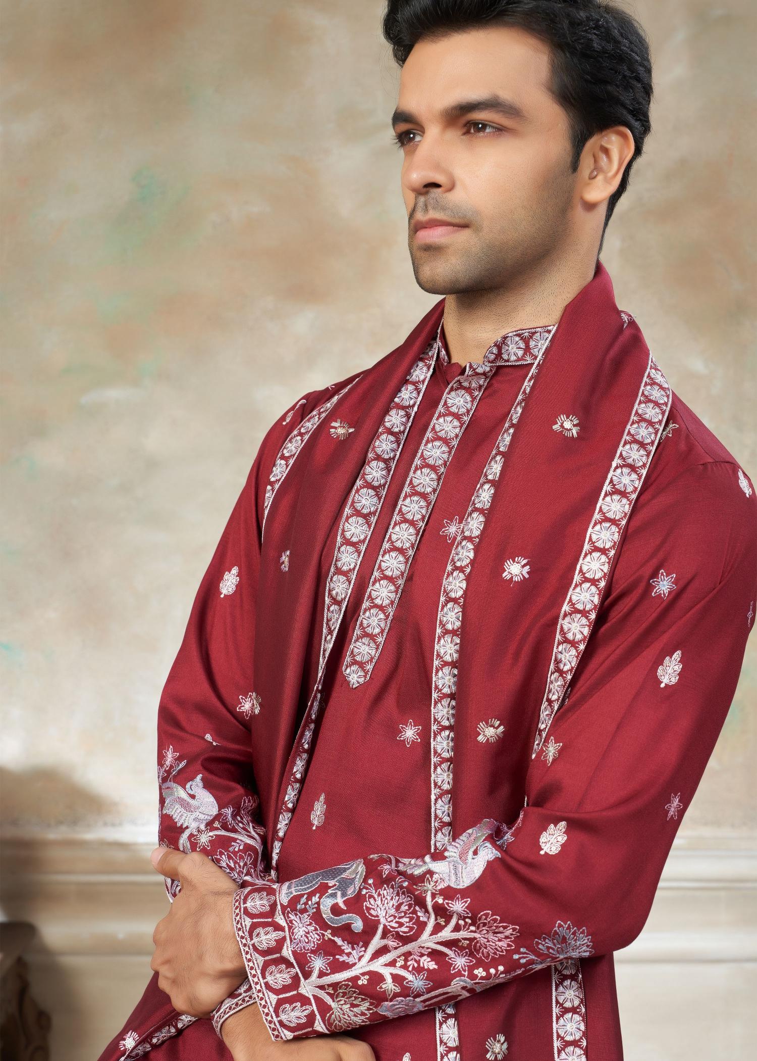 Red Floral Embroidered Silk Kurta Pyjama