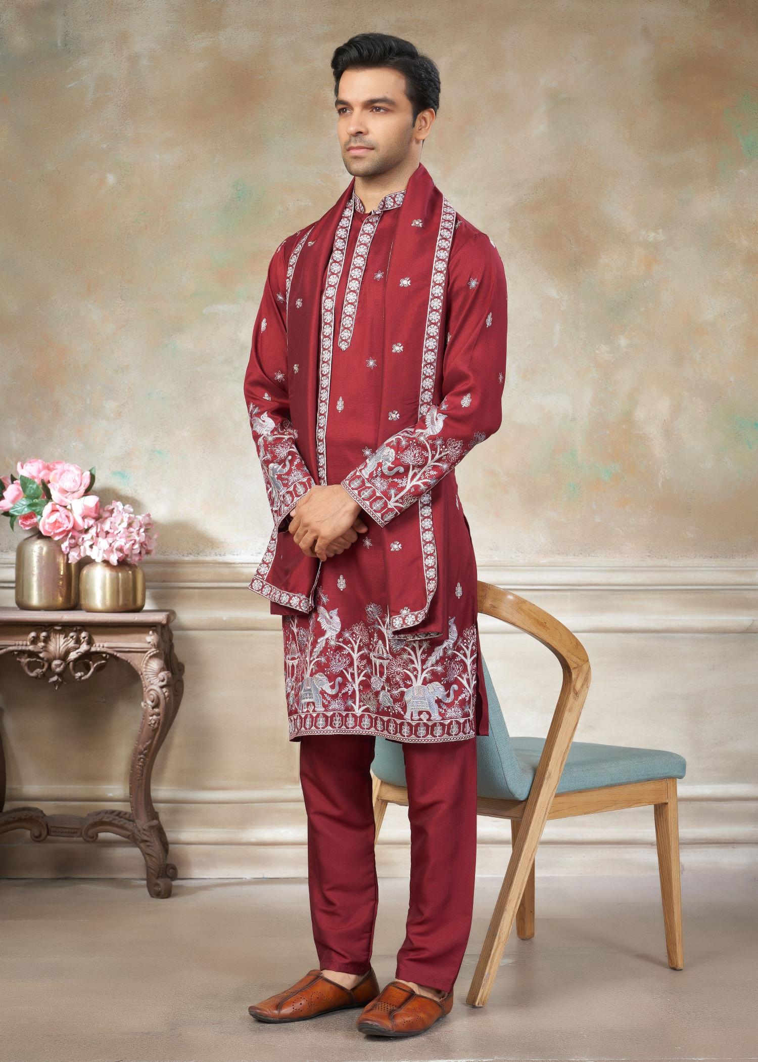 Red Floral Embroidered Silk Kurta Pyjama