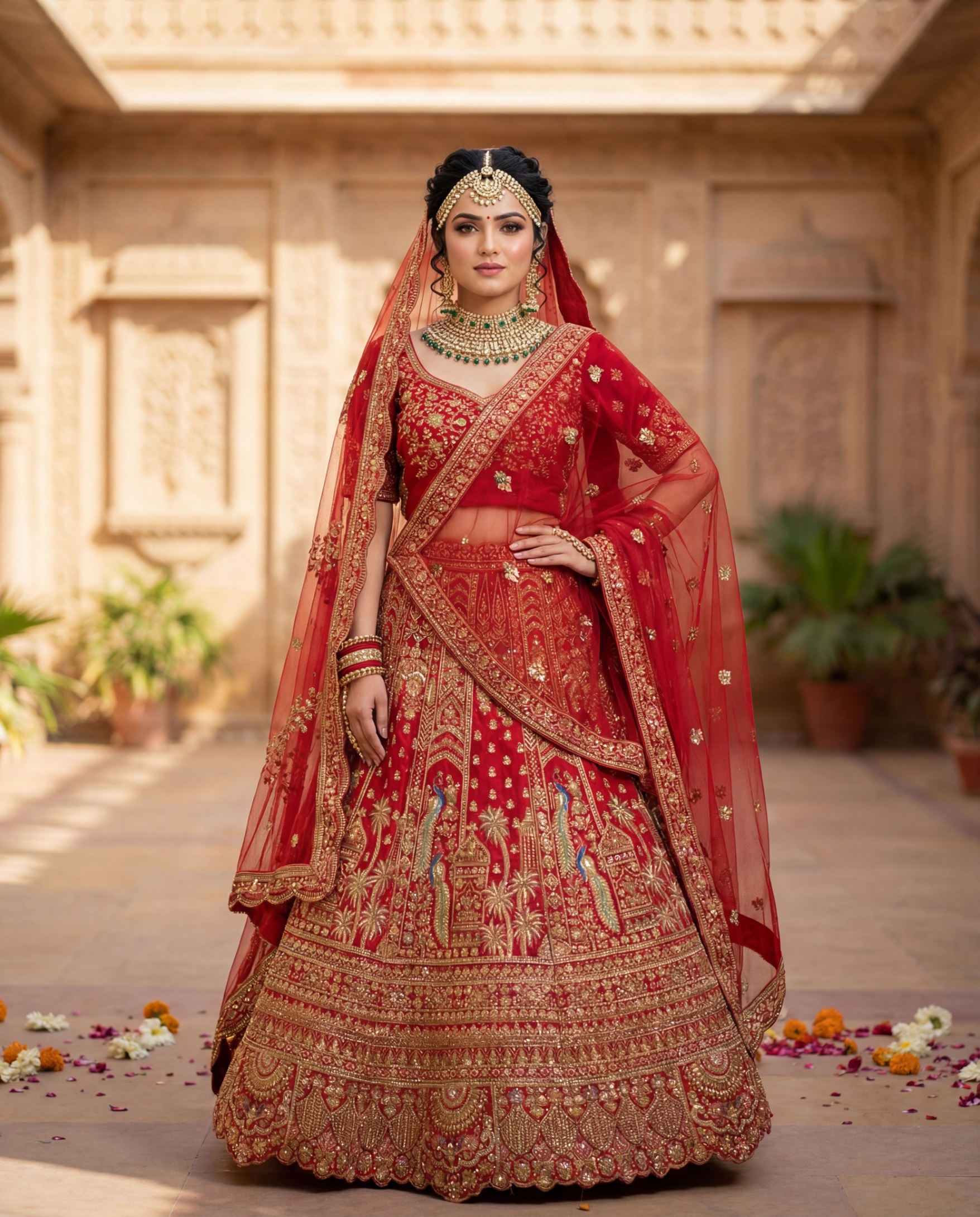 Red Floral Embroidered Silk Lehenga