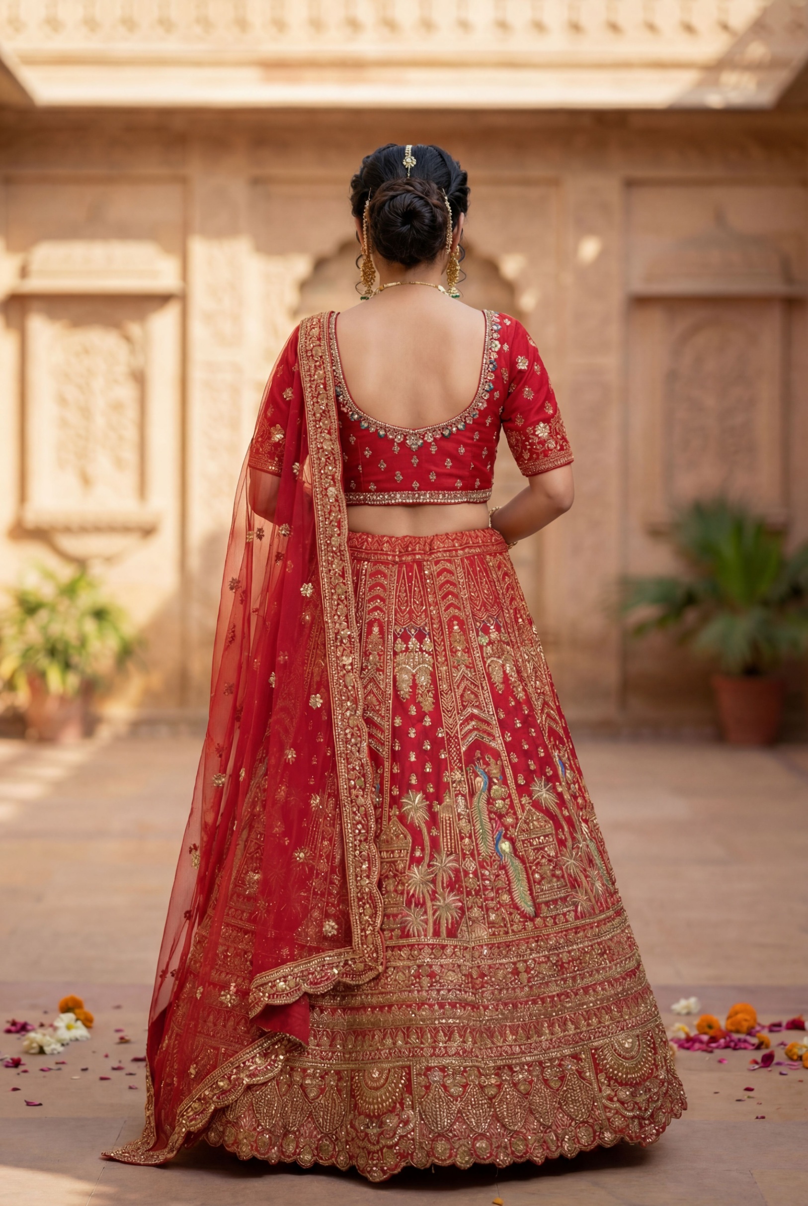 Red Floral Embroidered Silk Lehenga — alternate view
