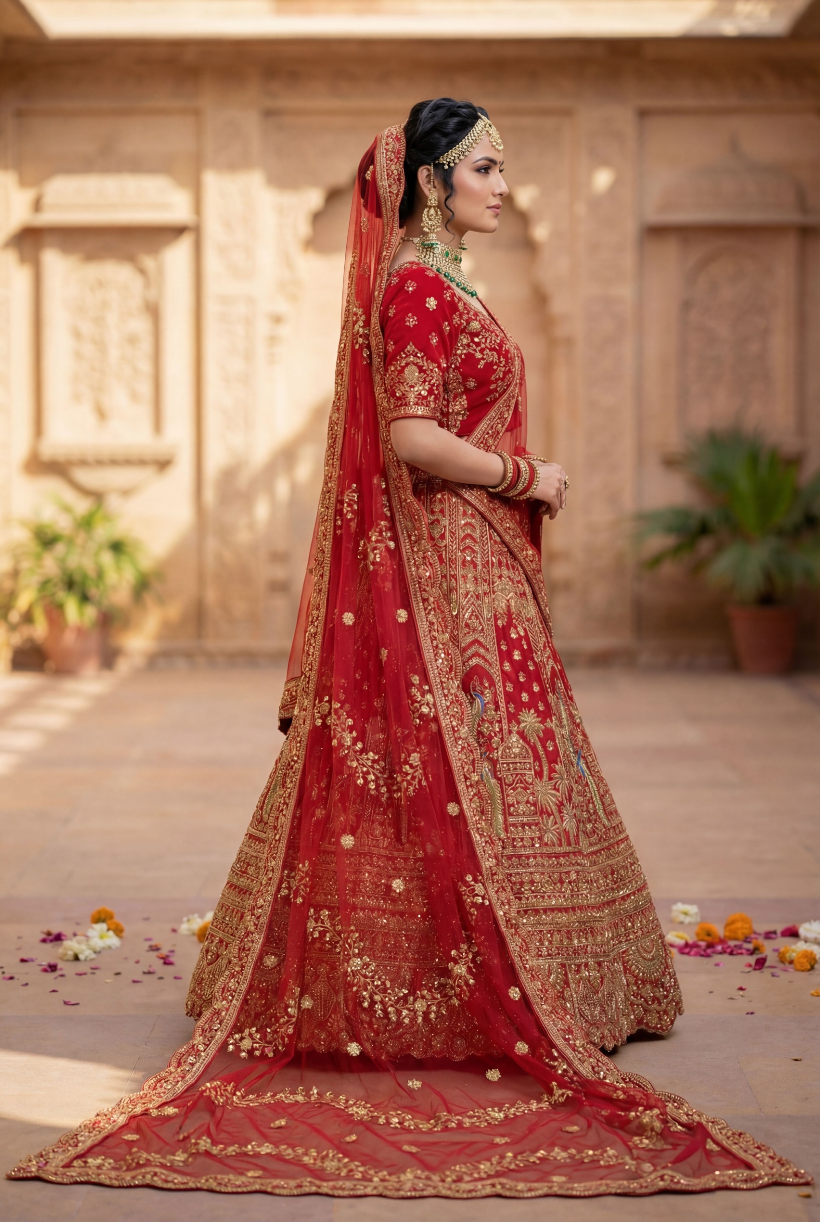 Red Floral Embroidered Silk Lehenga
