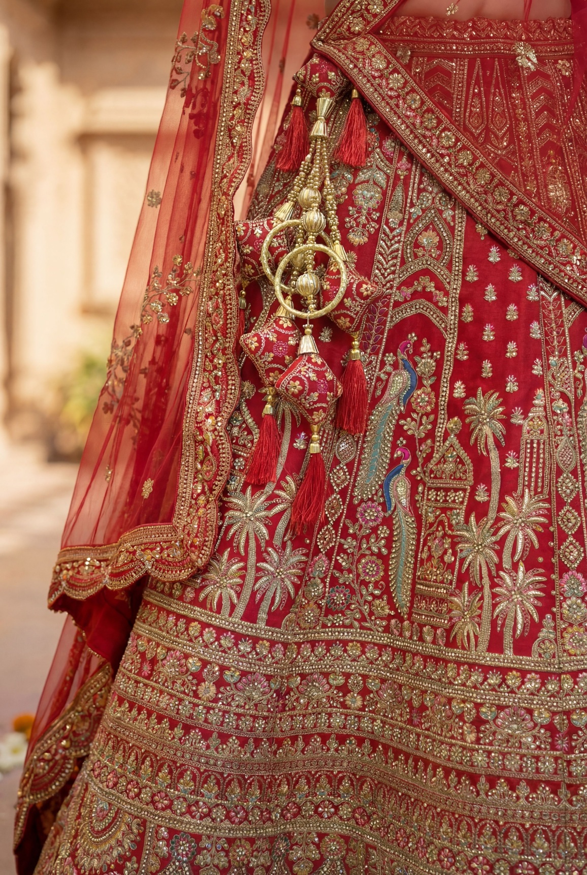 Red Floral Embroidered Silk Lehenga