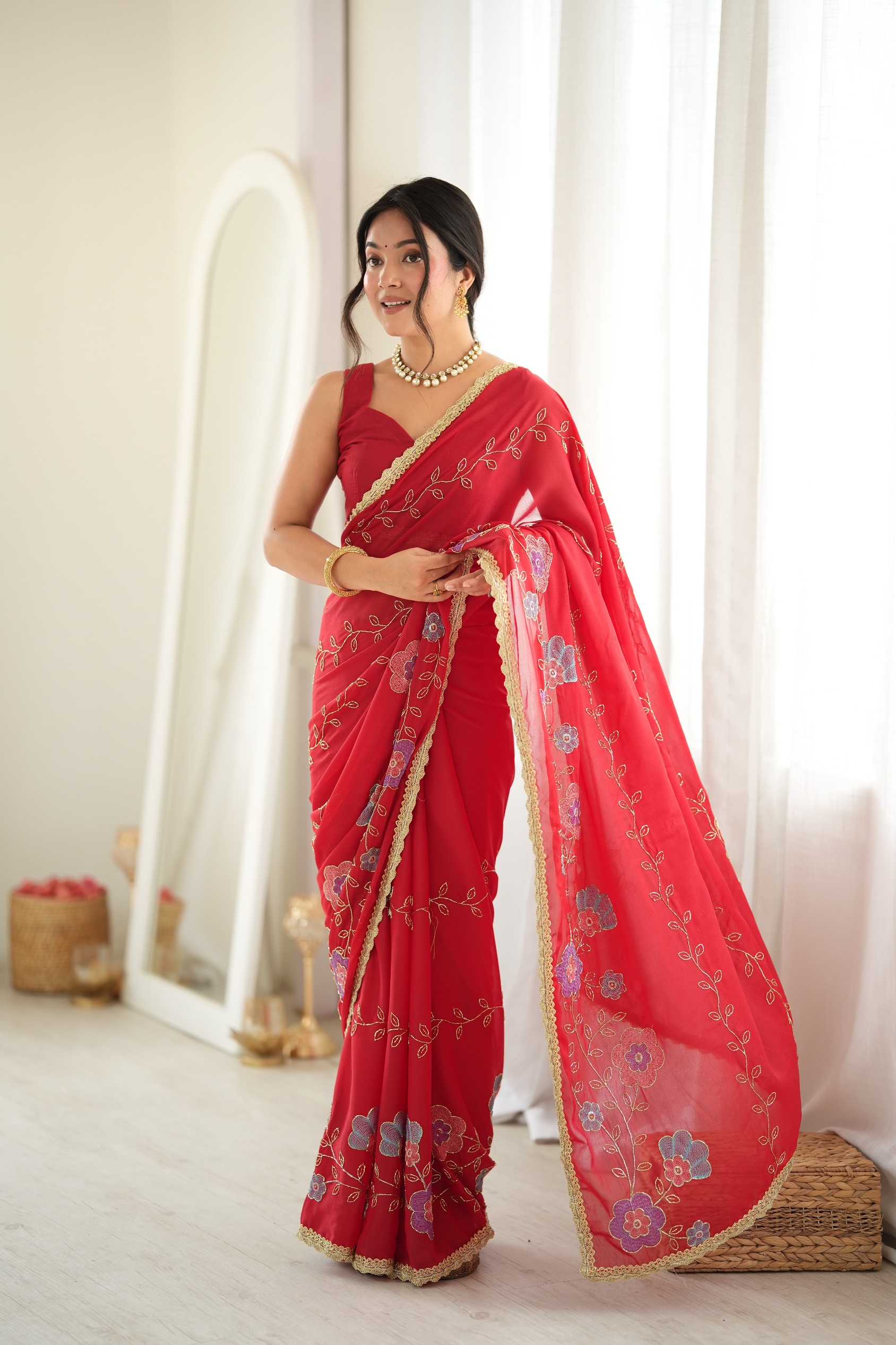 Red Floral Embroidered Star Georgette Saree