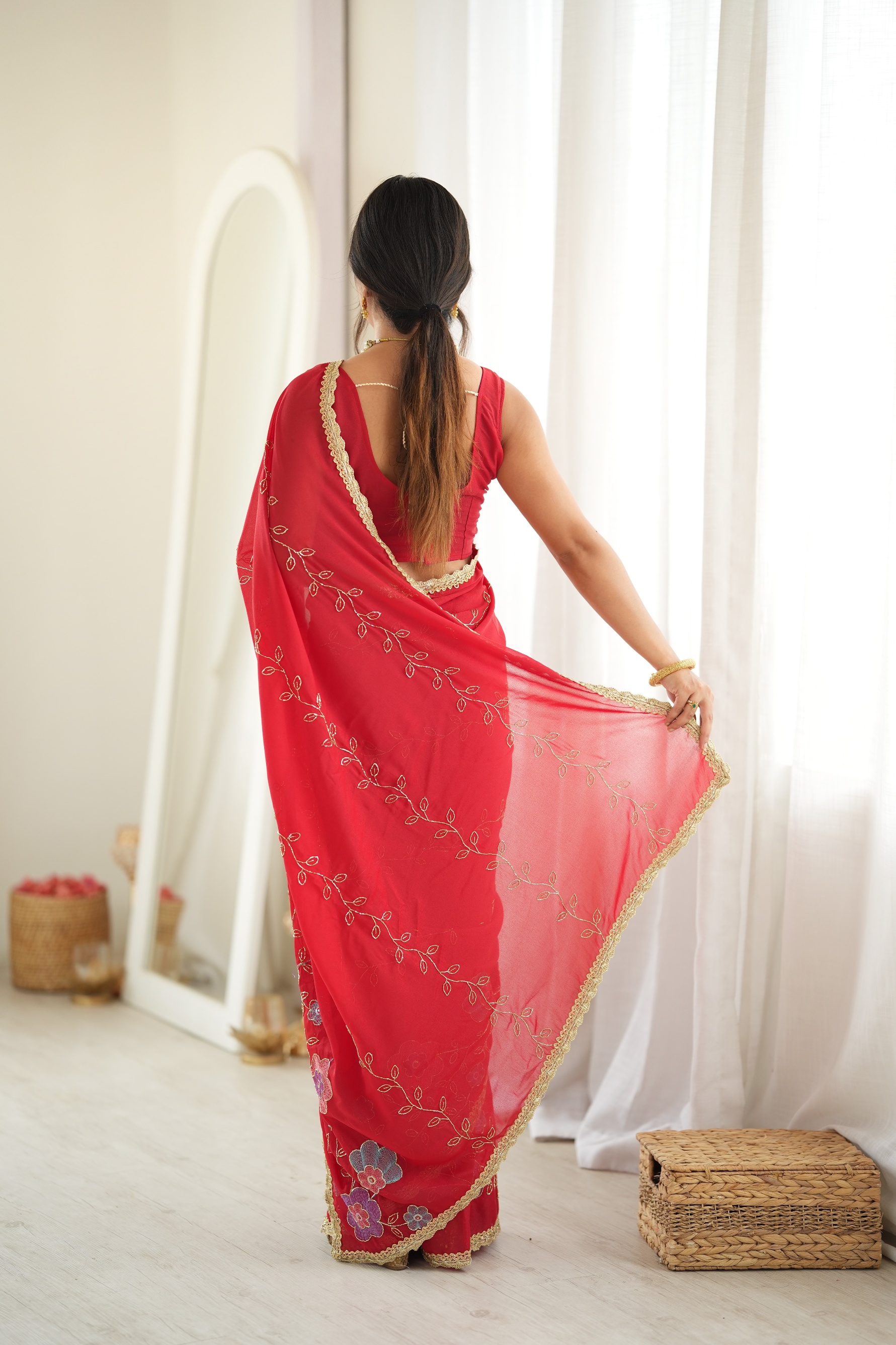 Red Floral Embroidered Star Georgette Saree — alternate view