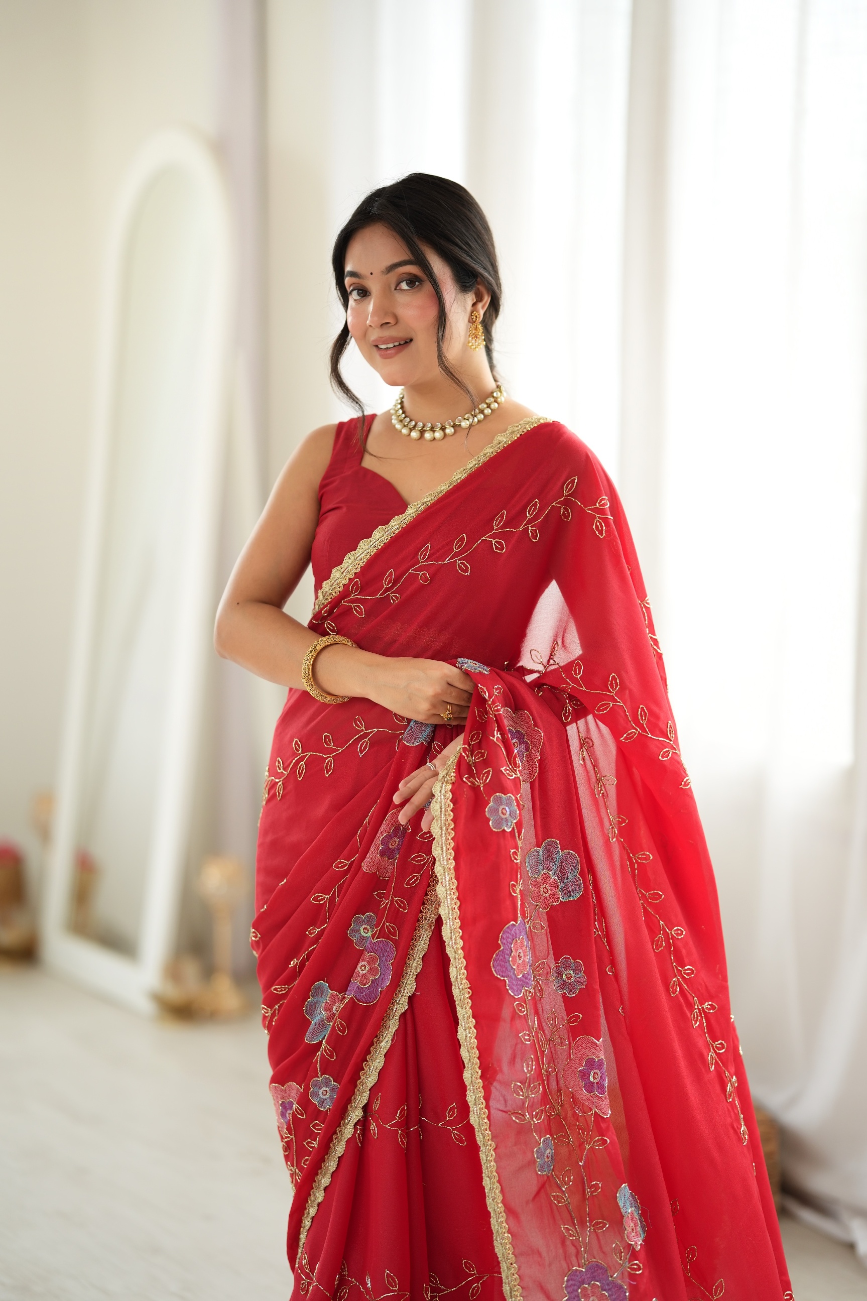 Red Floral Embroidered Star Georgette Saree