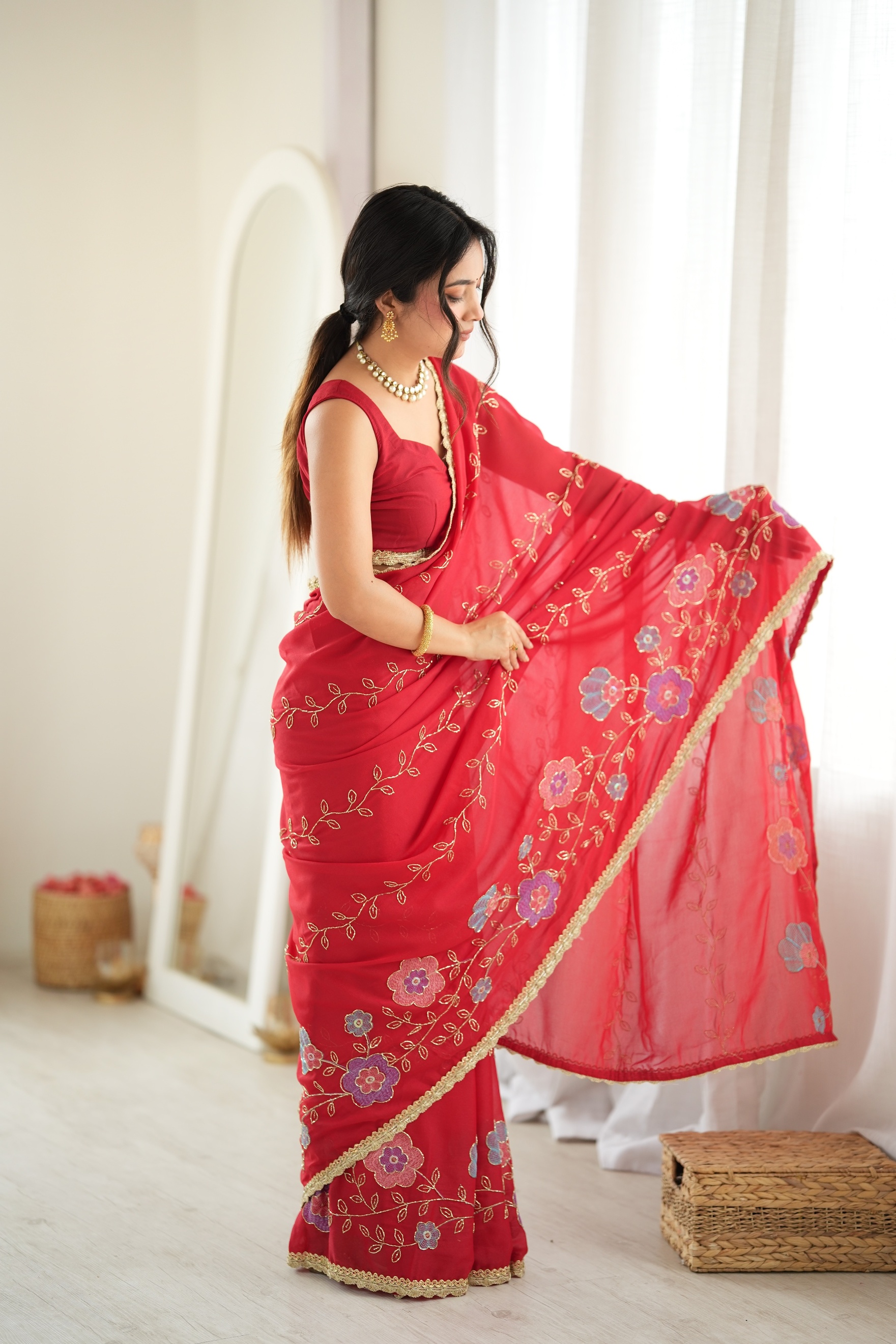 Red Floral Embroidered Star Georgette Saree