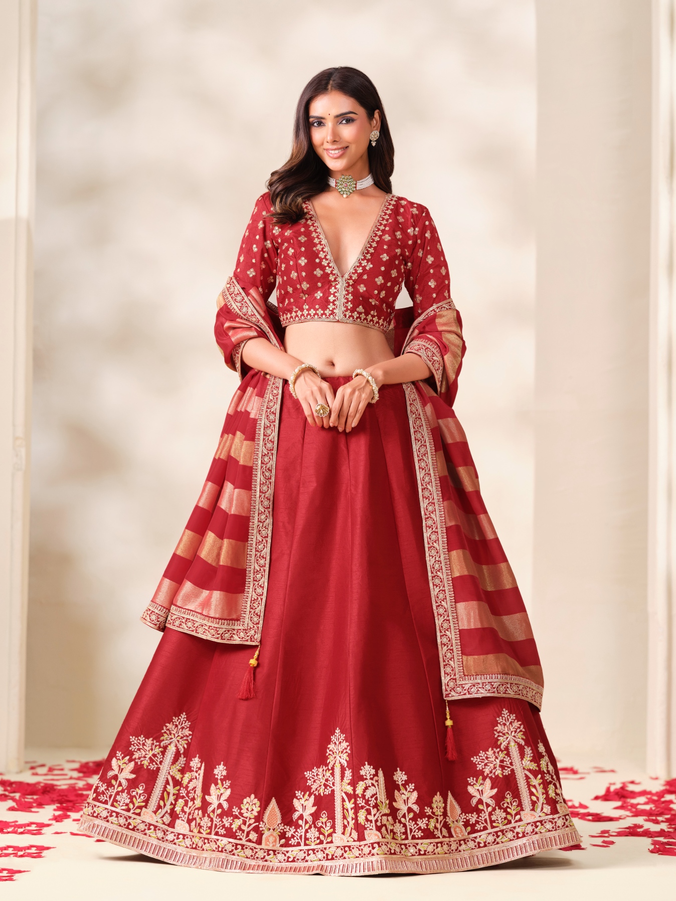Red Floral Embroidery Art Silk Circular Lehenga Choli