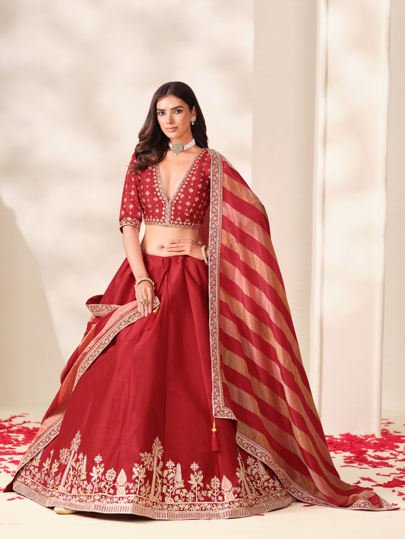 Red Floral Embroidery Art Silk Circular Lehenga Choli — alternate view