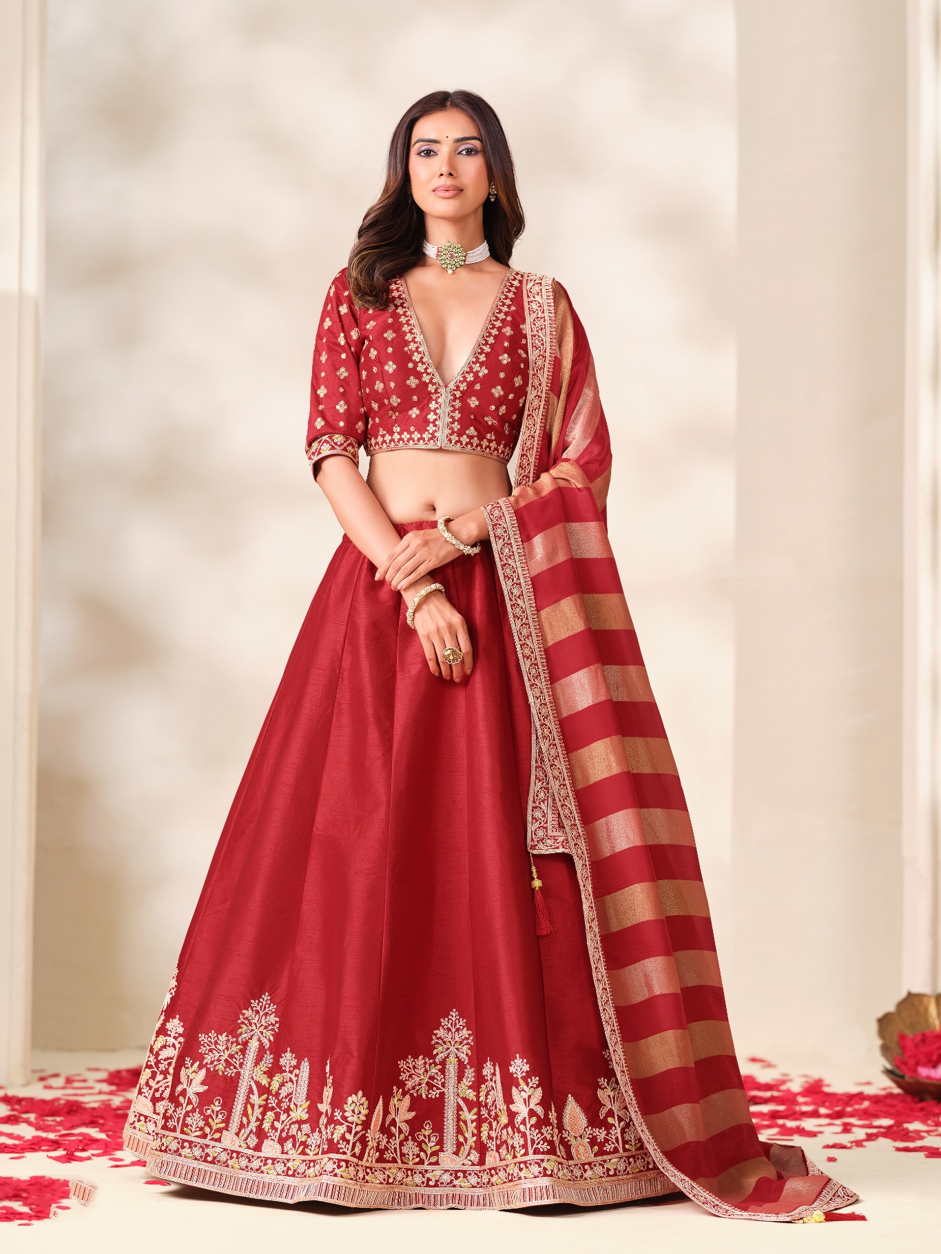 Red Floral Embroidery Art Silk Circular Lehenga Choli