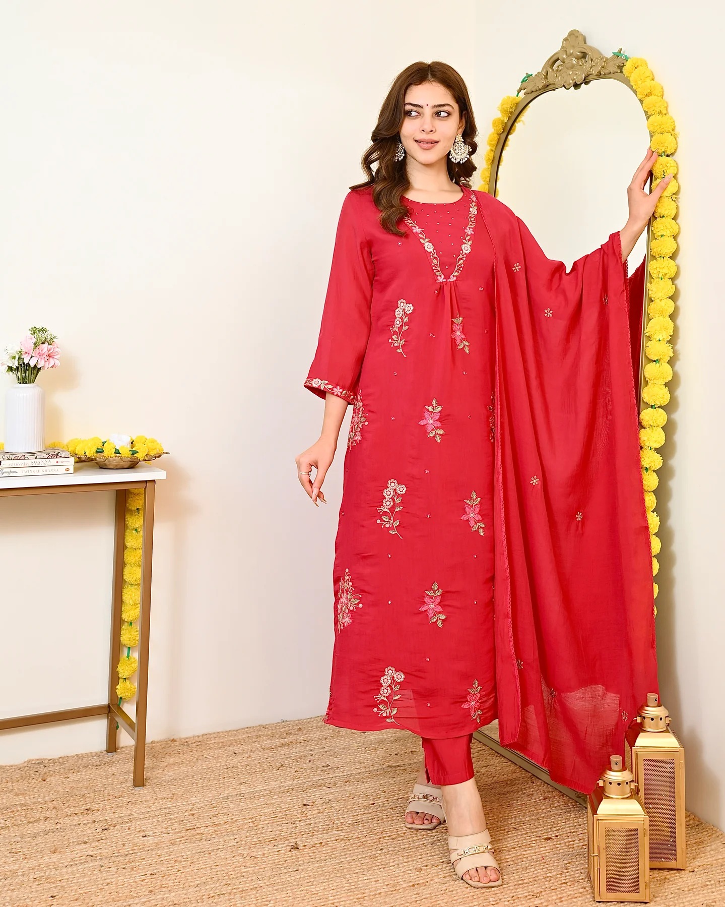 Red Floral Embroidery Mul Chanderi Straight Suit