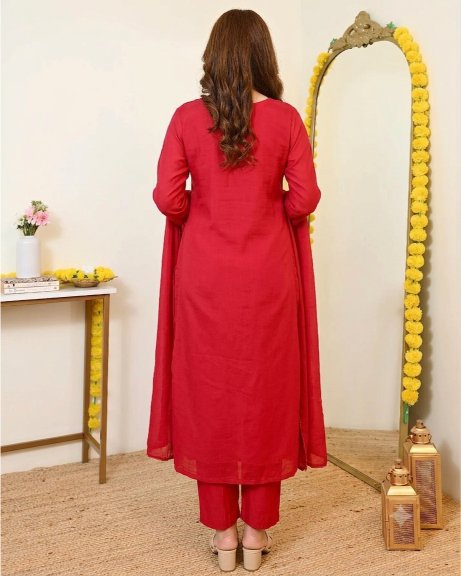 Red Floral Embroidery Mul Chanderi Straight Suit — alternate view