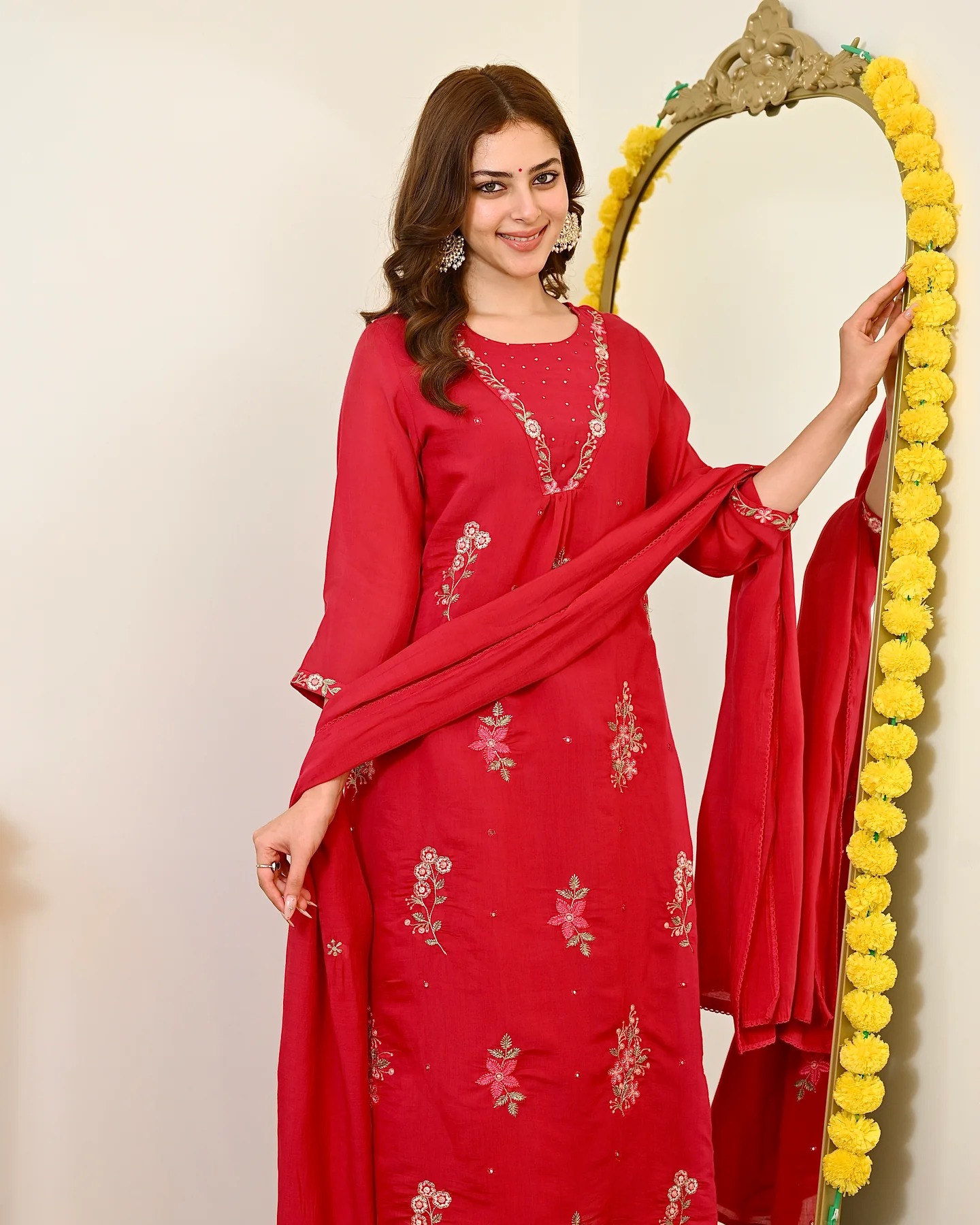 Red Floral Embroidery Mul Chanderi Straight Suit