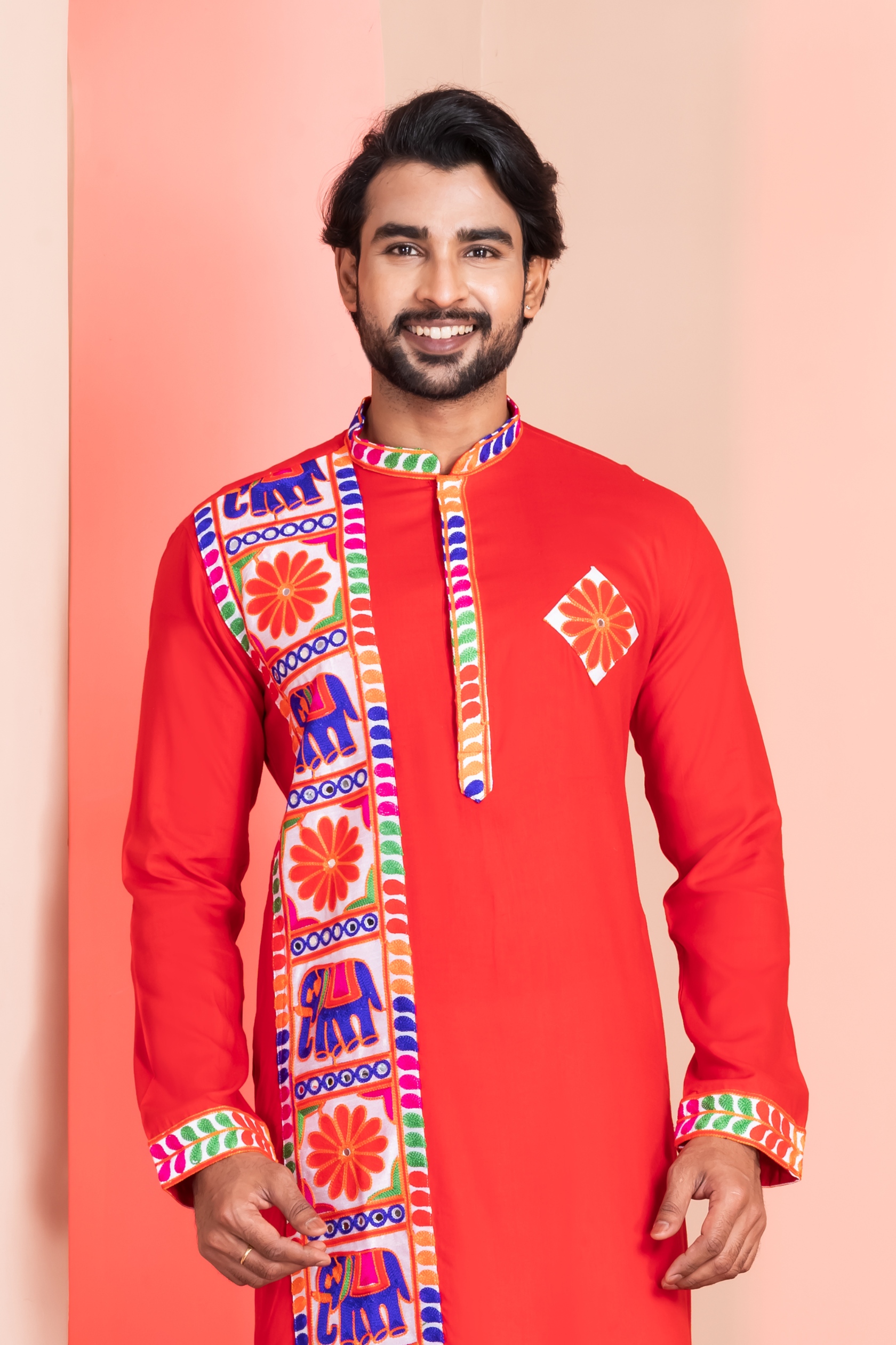 Red Floral Embroidery Rayon Kurta Pyjama